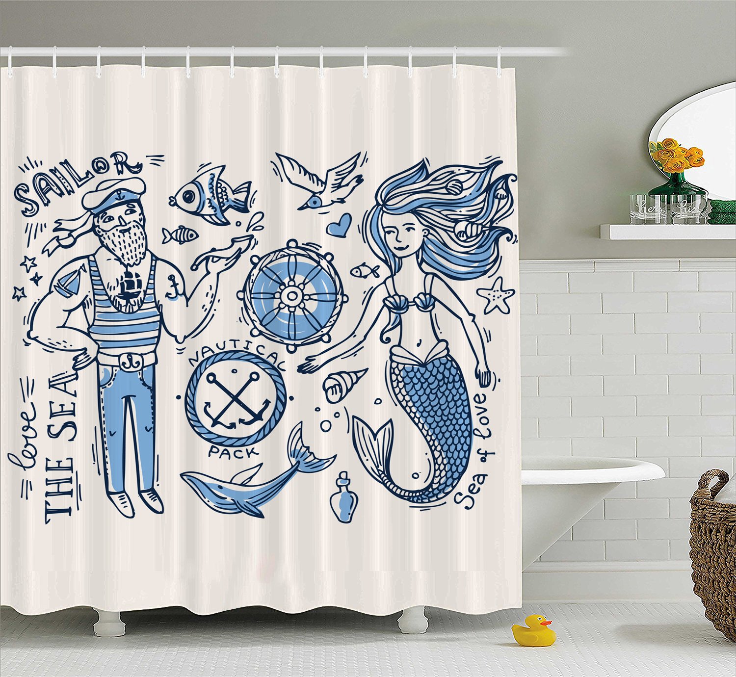 YUKIHOME Mermaid and Sailor Themed Waterproof Bathroom Shower Curtain Set with Rust-Proof Hooks, 72 x 72 Inches - Perfect for Kids' Bathrooms, Beach House Decor, and Nautical Themed Home Accessories