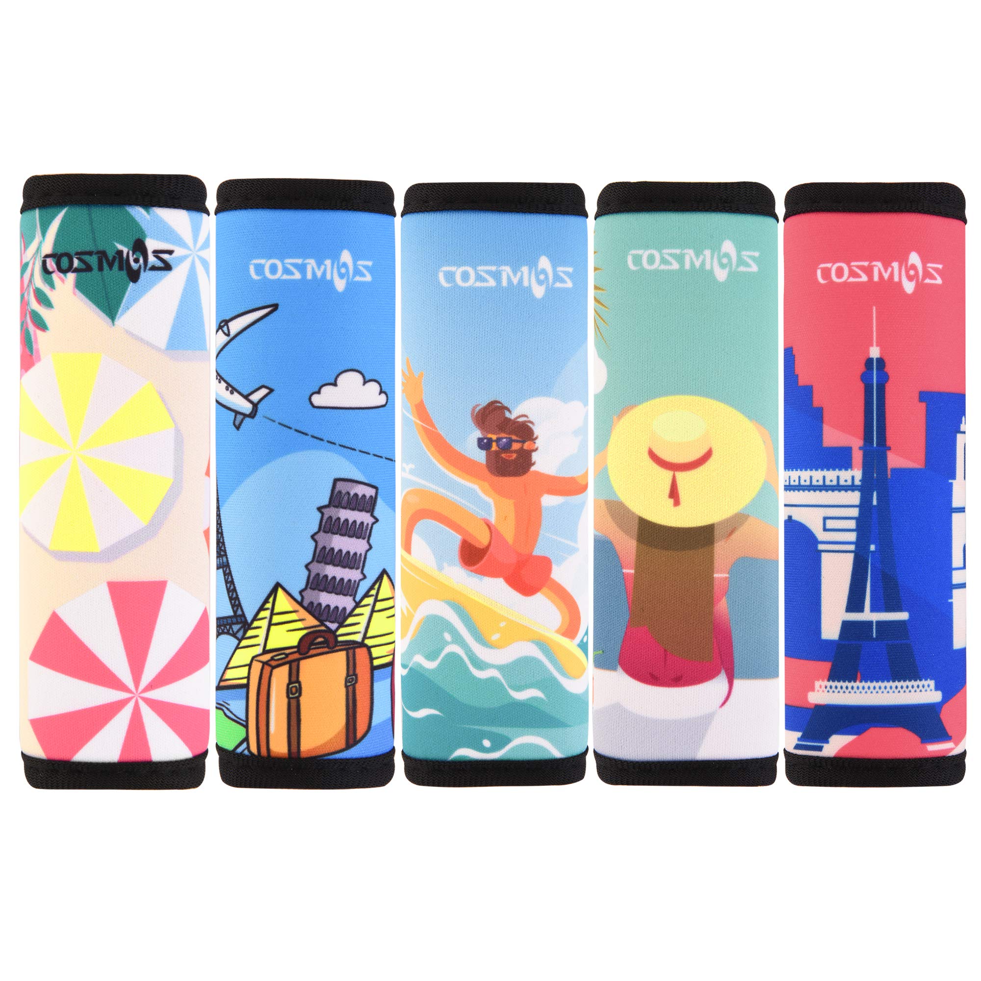 5-Pack Neoprene Luggage Handle Covers - Non-Slip Travel Suitcase Grip Wraps with Unique Summer Patterns (UMB Design) - Perfect for Airport Identification & Comfortable Carrying
