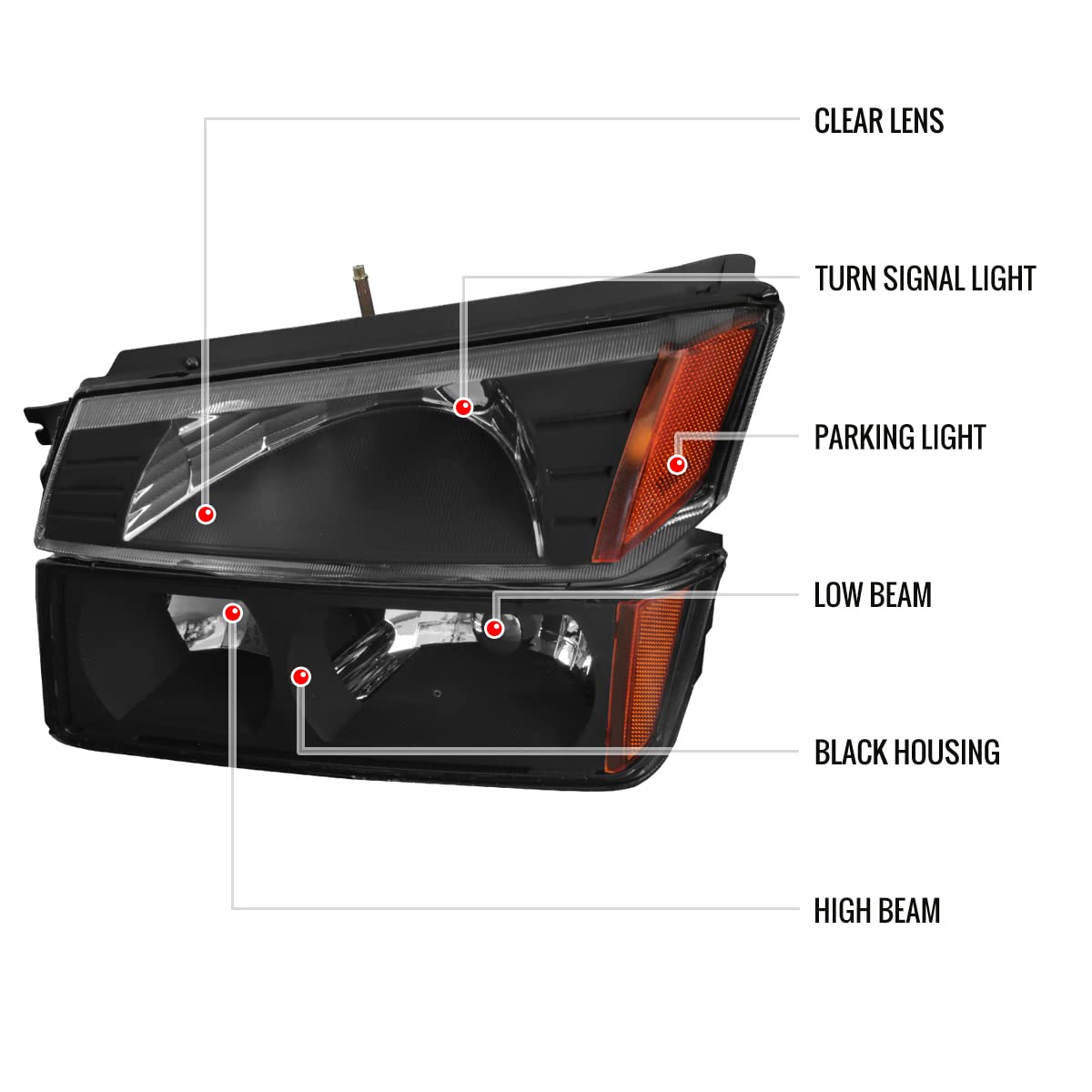 2002-2006 Chevy Avalanche 1500/2500 Black Replacement Headlights & Bumper Turn Signal Lights Pair (Left+Right) - Upgrade for Night Driving & Off-Road Adventures