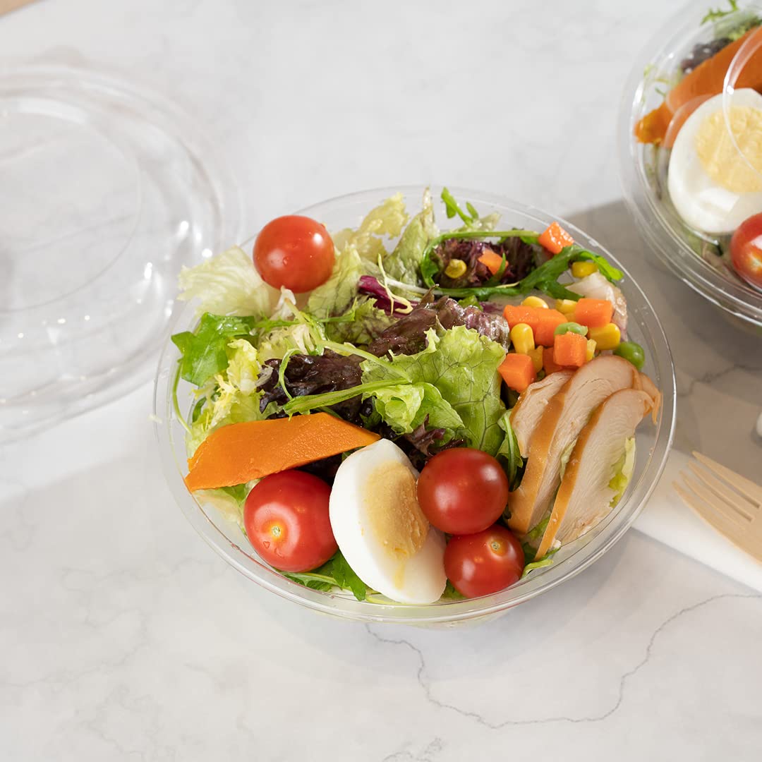 Thermo Tek 32oz Disposable Salad Bowls - 500 Pack Clear Round Plastic Deli Containers | Crack & Leak Proof | Eco-Friendly Food Storage | Perfect for Salads, Cold Meals, Picnics & Catering Events (Lids Sold Separately)