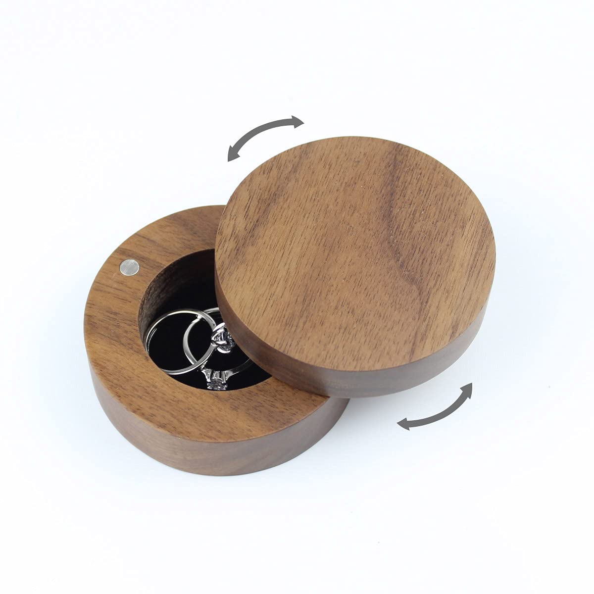 Rustic Wooden Ring Bearer Box for Wedding Ceremony - Round Walnut Double Ring Holder with Magnetic Slide Closure | Perfect for Wedding Rings, Engagement Rings & Vow Renewals