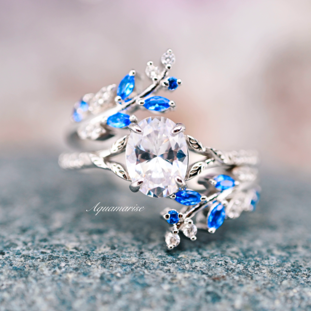 Lab Grown Diamond & Sapphire Leaf Ring Set in 14K White Gold - IGI Certified Jewelry for Women, Wedding, Anniversary & Special Occasion Gifts