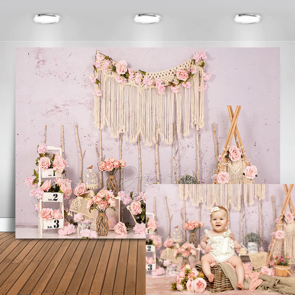 Boho Floral Macrame Teepee Backdrop for Newborn Photography, Cake Smash & 1st Birthday Parties - Blush Pink Floral Baby Girl Photo Booth Props (7x5ft) | Perfect for Baby Showers, Nursery Decor & Instagram-Worthy Photos