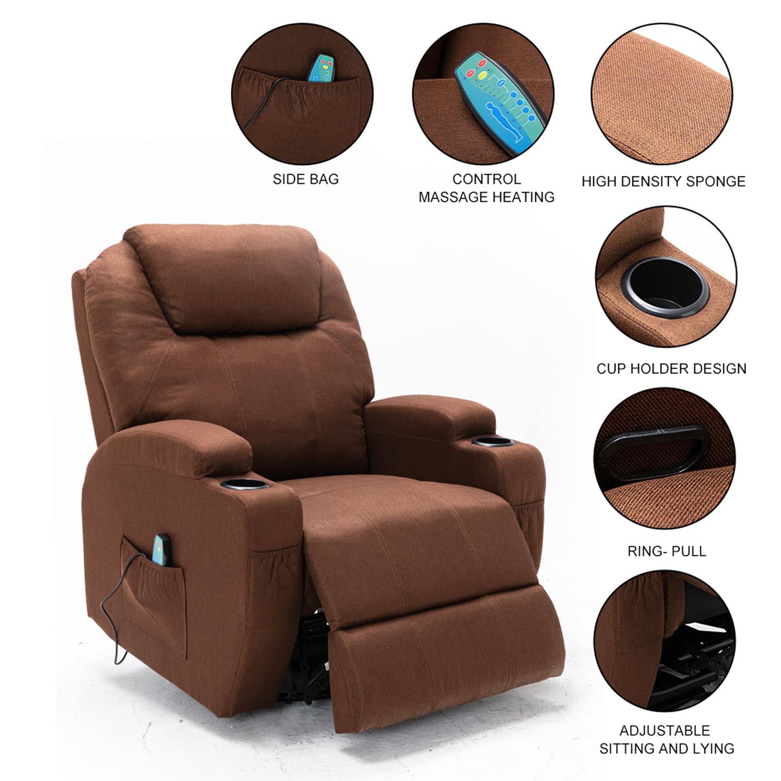 Yoglad Multi-Function Recliner Chair with Seat Heating & 8-Position Massage - Power Lift Recliner with Remote, Cup Holders, Rocking & Swivel Function - Comfortable Theater Recliner for Living Room, Home Theater, Reading Nook (Brown Textile Fabric, 36