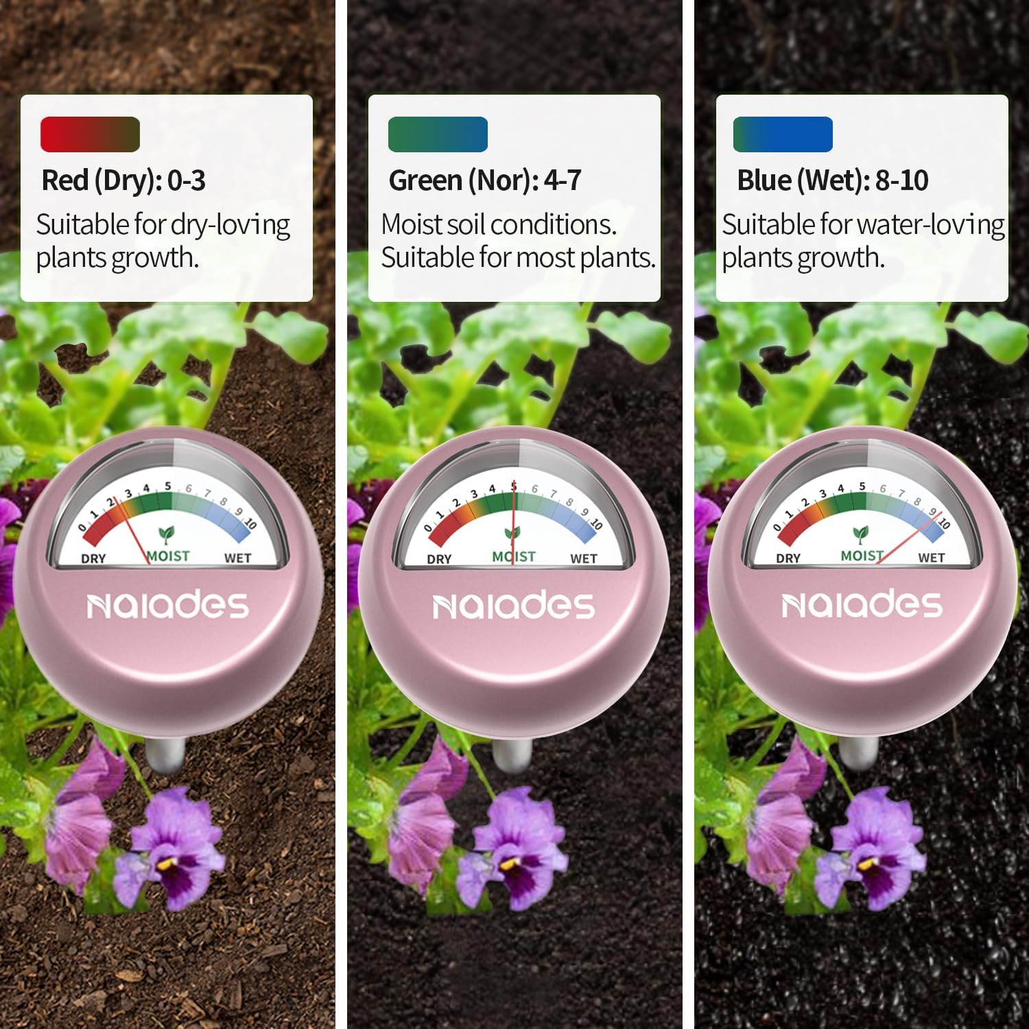 Naiades Rose Gold Soil Moisture Meter - Plant Water Monitor Hygrometer Sensor for Indoor Outdoor Gardening, Farming, Houseplants (No Batteries Needed) | Perfect for Potted Plants, Garden Beds, Greenhouses & Lawn Care
