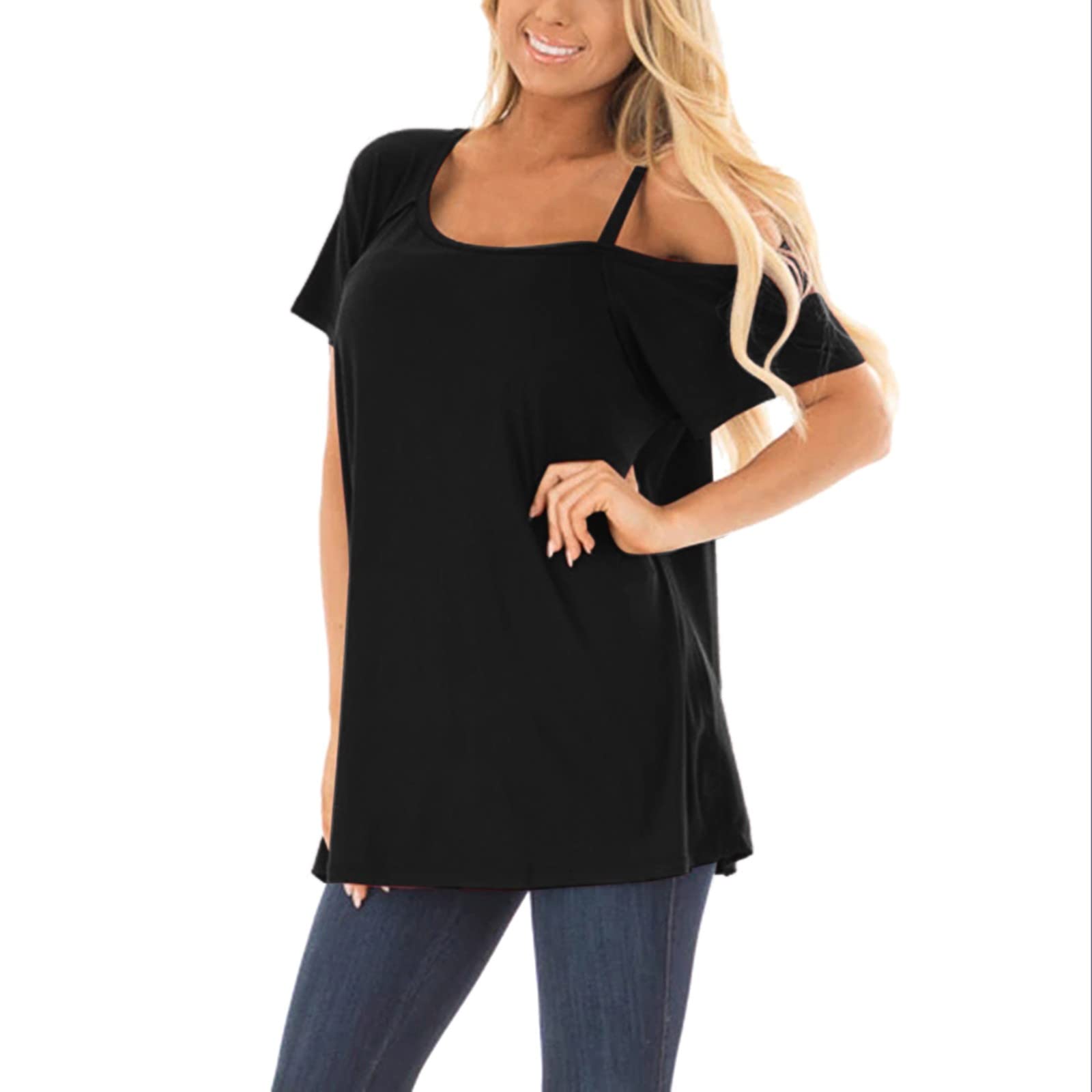 Women's Loose Fit Summer Short-Sleeve T-Shirt - Simple Solid Color with Lace Collar Casual Top (Black, Medium) | Perfect for Everyday Wear, Beach Outings & Summer Vacations
