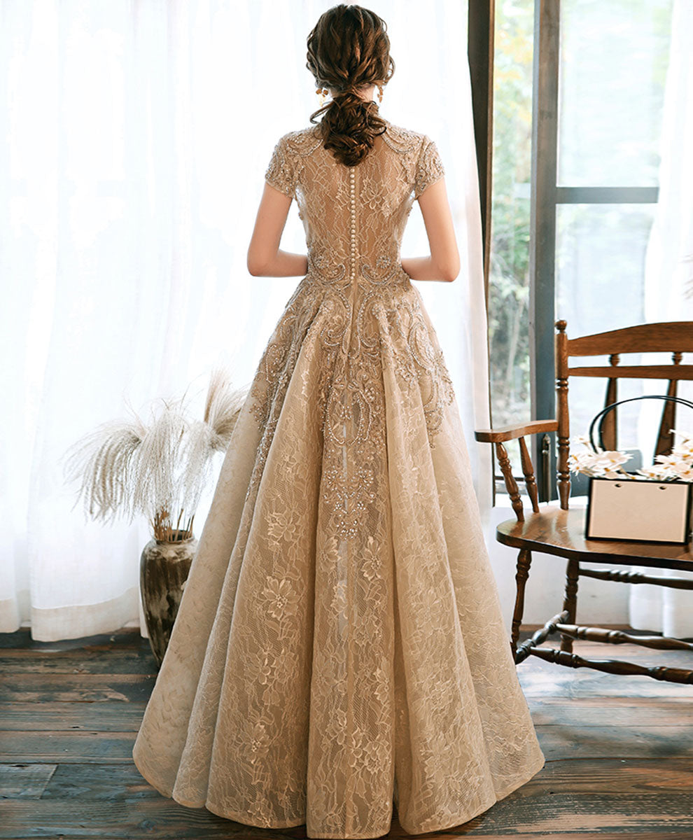 Elegant Champagne High Neck Lace Prom Dress for Women - Formal Evening Gown for Homecoming, Wedding, and Special Occasions
