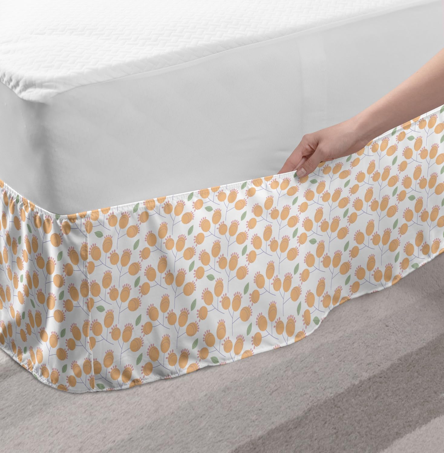 Ambesonne Floral Elastic Bed Skirt - Modern Abstract Botanical Flowers Design, Wrap Around Dust Ruffle for King Size Beds, Peach Pale Almond Green | Perfect for Bedroom Decor & Guest Room Styling