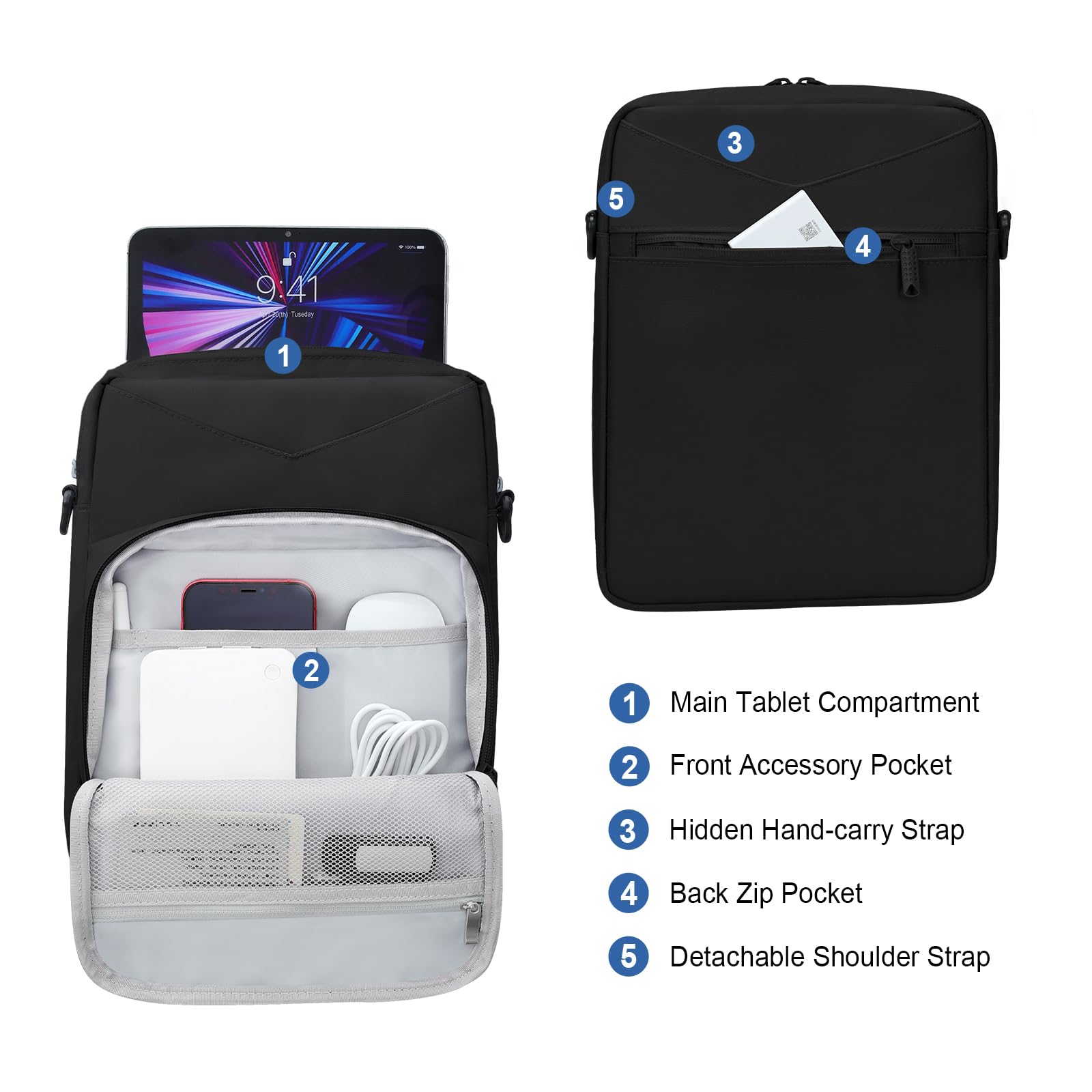 9-11 Inch Tablet Sleeve Case - Shockproof Padded Carrying Bag for iPad Pro 11 (M4), iPad 10.9 (10th Gen), iPad Air 11 (M2), Samsung Galaxy Tab S9/S8 - Lightweight Travel Protection with Adjustable Shoulder Strap (Black) | Perfect for Commuting, Business Trips & School Use