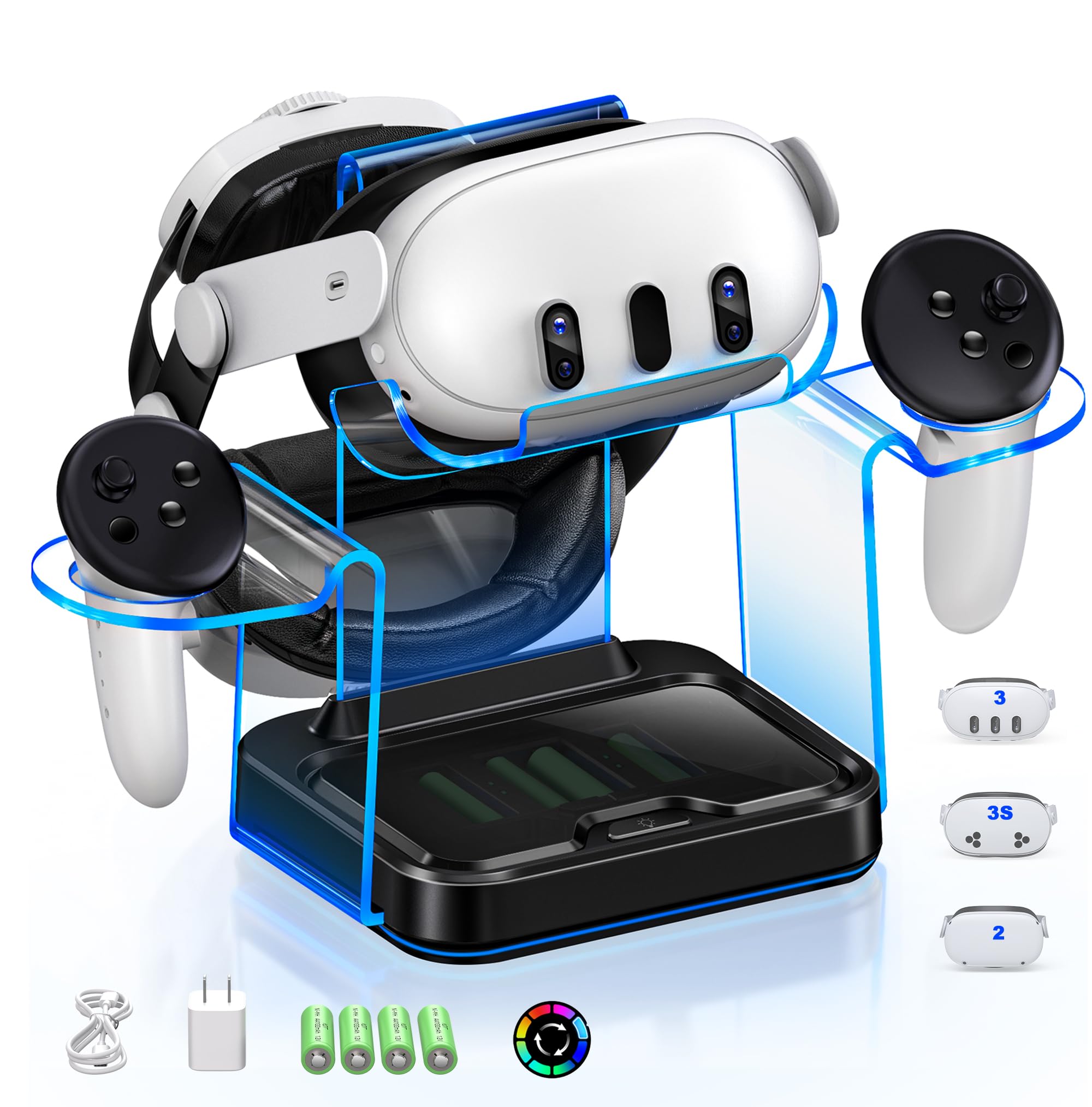 Fast Charging Dock Station for Meta Quest 3/3S/2 & Oculus Quest 2 with 4 Rechargeable Batteries, LED Indicator & USB-C Cable - VR Headset Display Stand & Controller Charger for Gaming, Entertainment & Virtual Reality Experiences