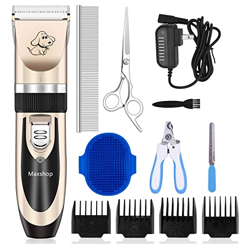 Maxshop Low Noise Rechargeable Dog & Cat Grooming Kit - Electric Pet Hair Trimmer with Comb Guides, Scissors & Nail Clippers (Gold) - Perfect for At-Home Pet Grooming & Professional Use