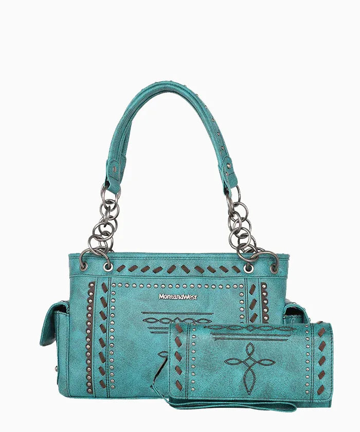 Montana West Whipstitch Studs Concealed Carry Satchel Purse - Stylish Women's Leather Crossbody Bag for Everyday Use, Travel & Work