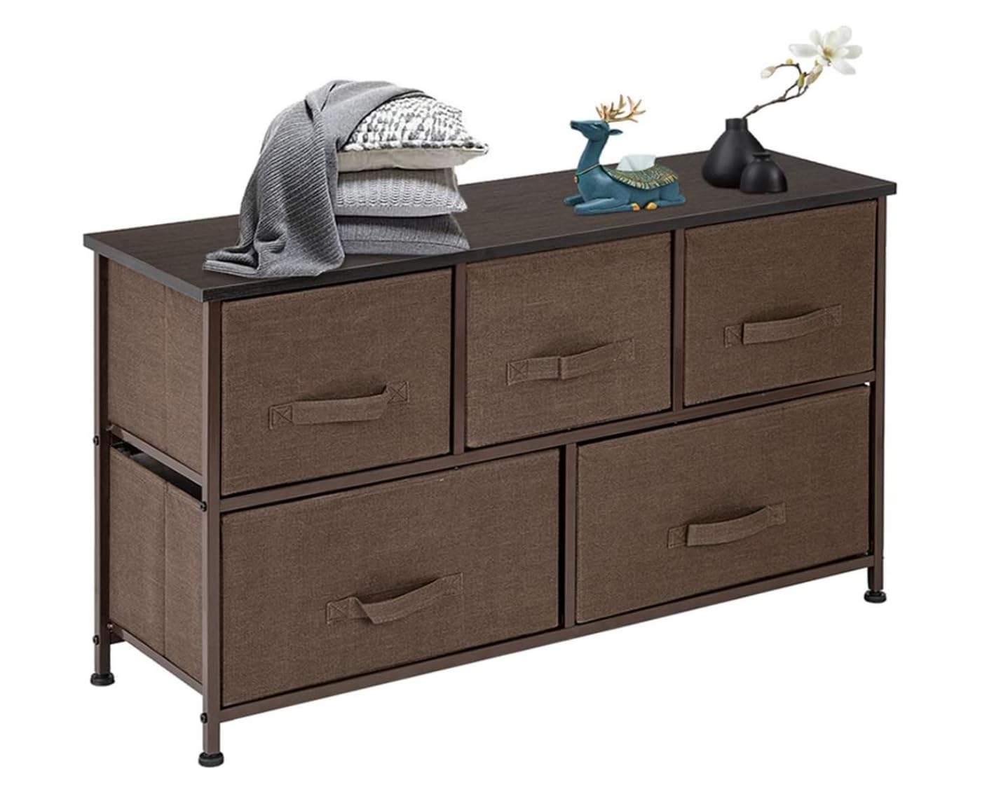 2-Tier Wide Closet Dresser with 5 Fabric Drawers - Nursery Dresser Tower, Metal Frame Storage Organizer for Bedroom, Closet & Nursery - Brown Simple Market Basket Stand by MITPATY | Perfect for Baby Clothes, Toys & Home Organization