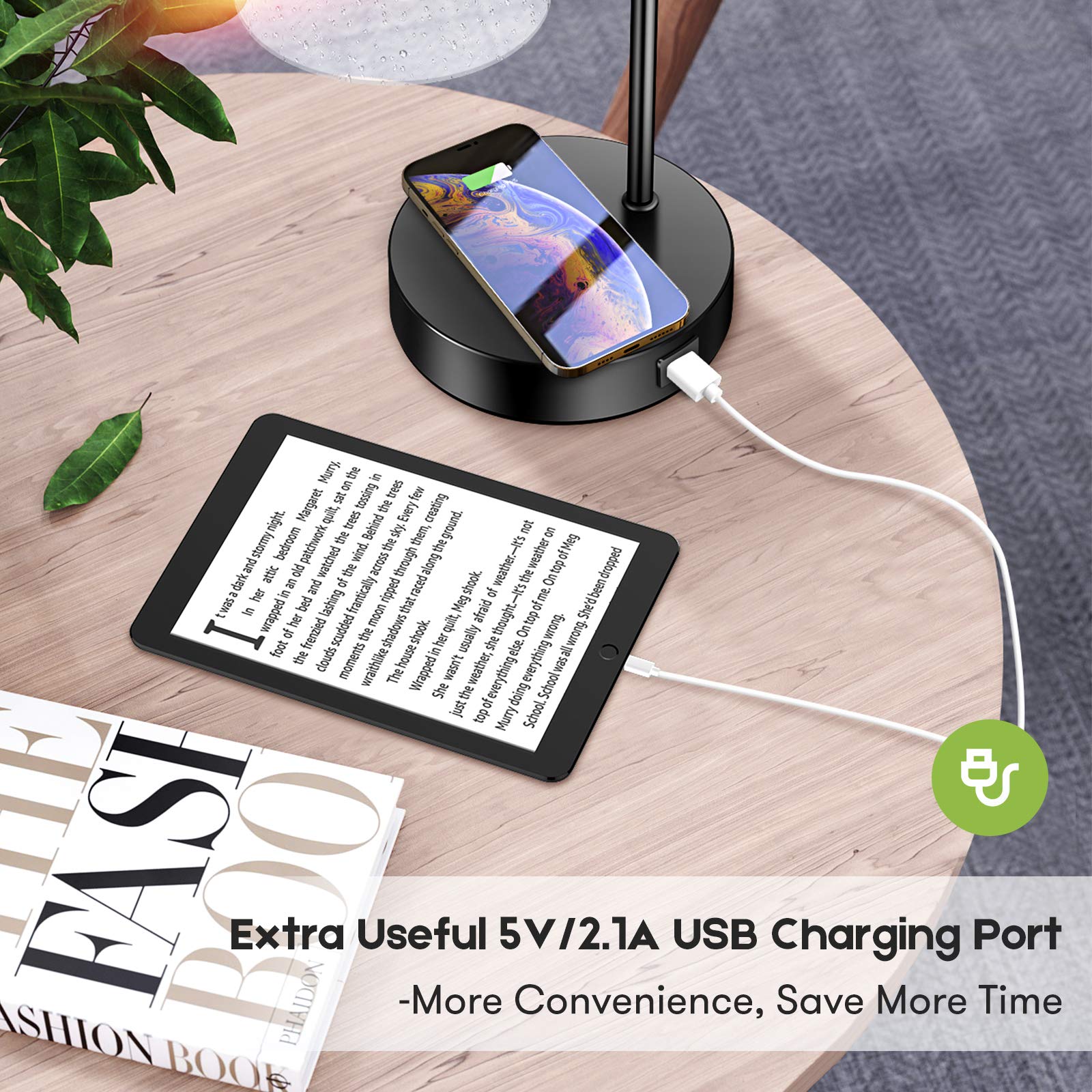 2-Pack Wireless Charging Industrial Table Lamp - 3-Way Touch Control, Dimmable Desk Lamp with USB Port & Hanging Seeded Glass Shade for Office, Bedroom, Living Room (Bulb Included) | Perfect for Workspaces, Nightstands & Modern Home Decor