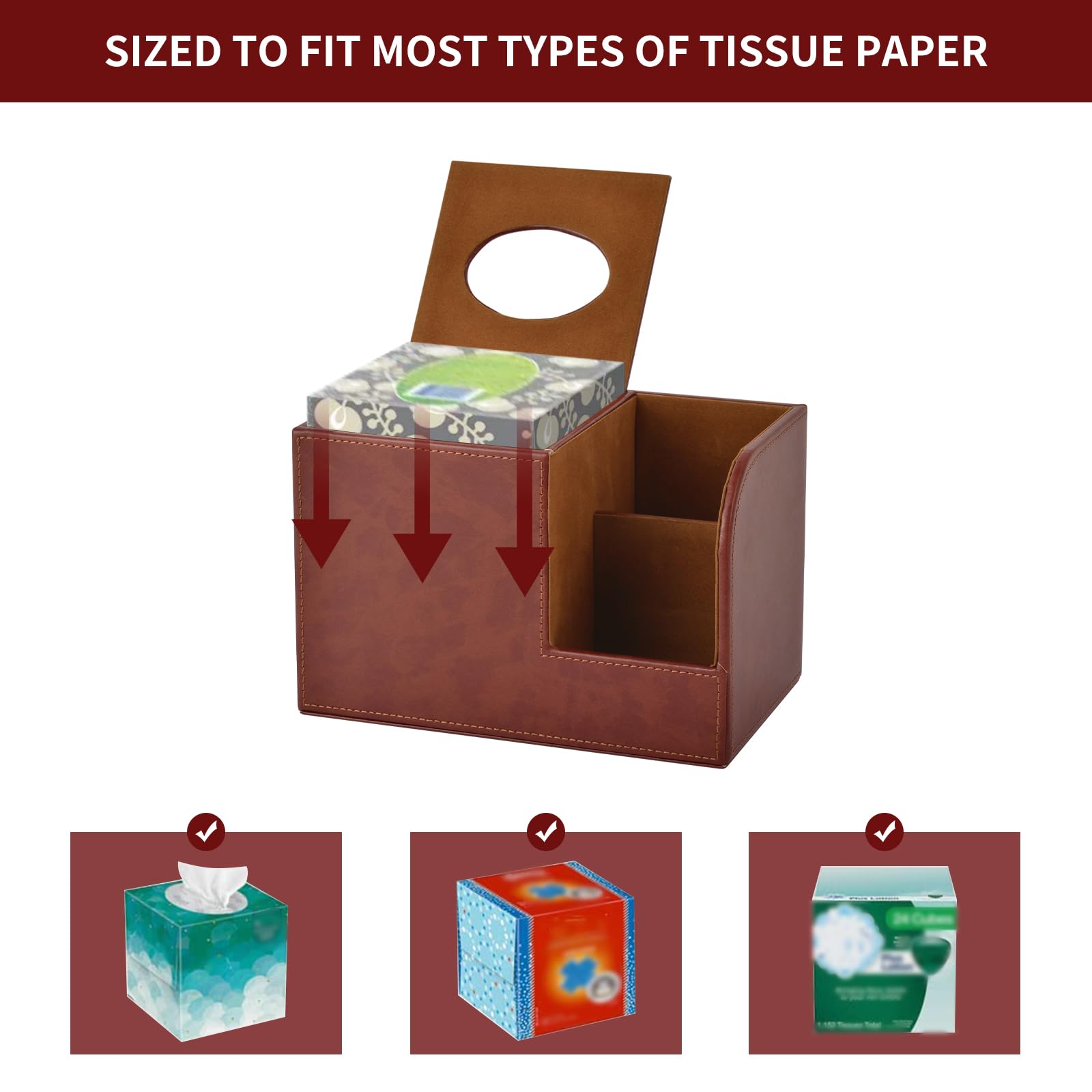 PU Leather Square Tissue Box Cover with Storage - Multifunctional Tissue Holder & Remote Control Organizer - Decorative Home & Office Desk Accessory (Brown) - Perfect for Living Room, Bedroom, and Workspace Organization
