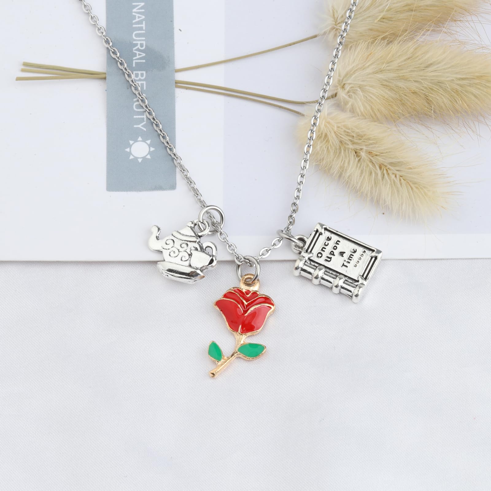 UJIMS Beauty and the Beast Inspired Mirror & Rose Charm Necklace - Belle Princess Jewelry for Disney Fans - Perfect Gift for Fairy Tale Lovers, Cosplay & Special Occasions