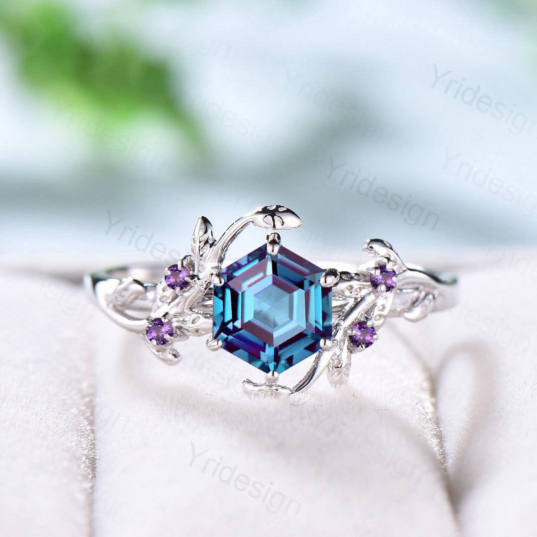 Vintage Hexagon Alexandrite and Amethyst Engagement Ring - Unique 6-Prong Bridal Ring for Women with Leaf Vine Design | Perfect for Promise Rings, Weddings & Special Occasions