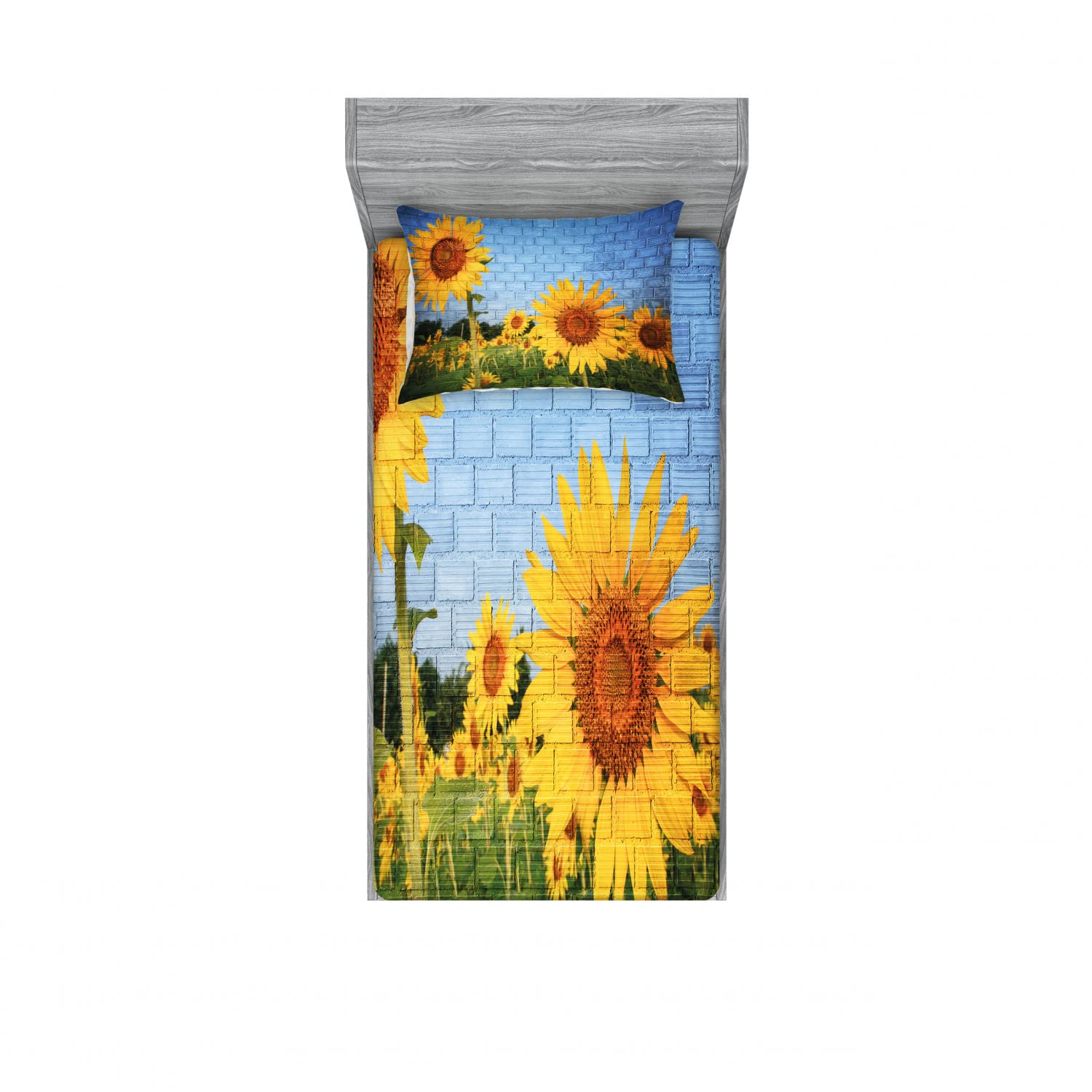 Ambesonne Floral 2-Pack Twin XL Fitted Sheet & Pillow Sham Set - Sunflower Wall Design, 4-Piece Bedding Decor in Yellow & Green | Perfect for Guest Rooms, Dorms & Cozy Home Decor