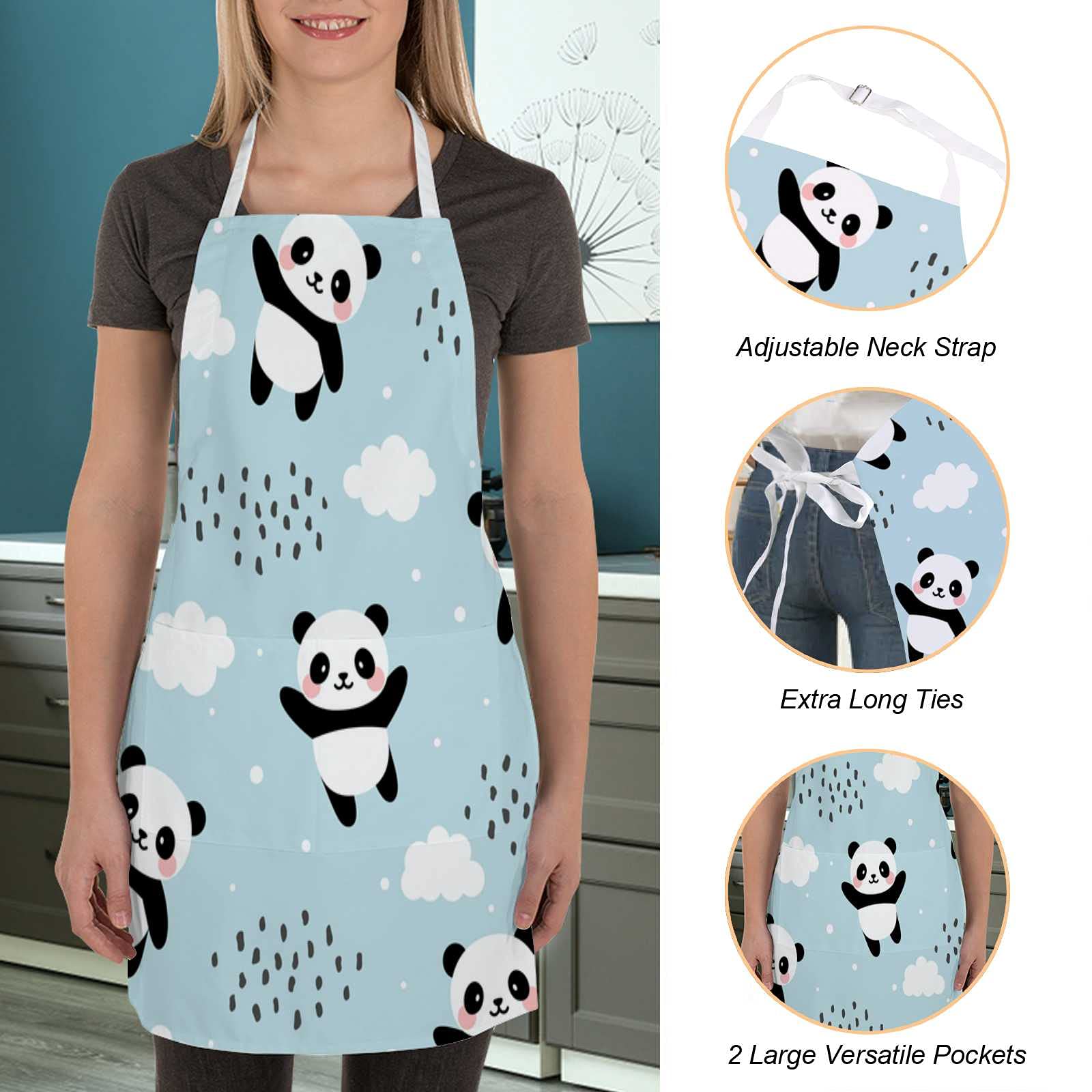 Cute Panda Blue Adjustable Kitchen Apron Set with Pockets, Oven Mitt & Pot Holder - 3 Piece Cooking Accessories for Baking, Grilling & Microwave Use