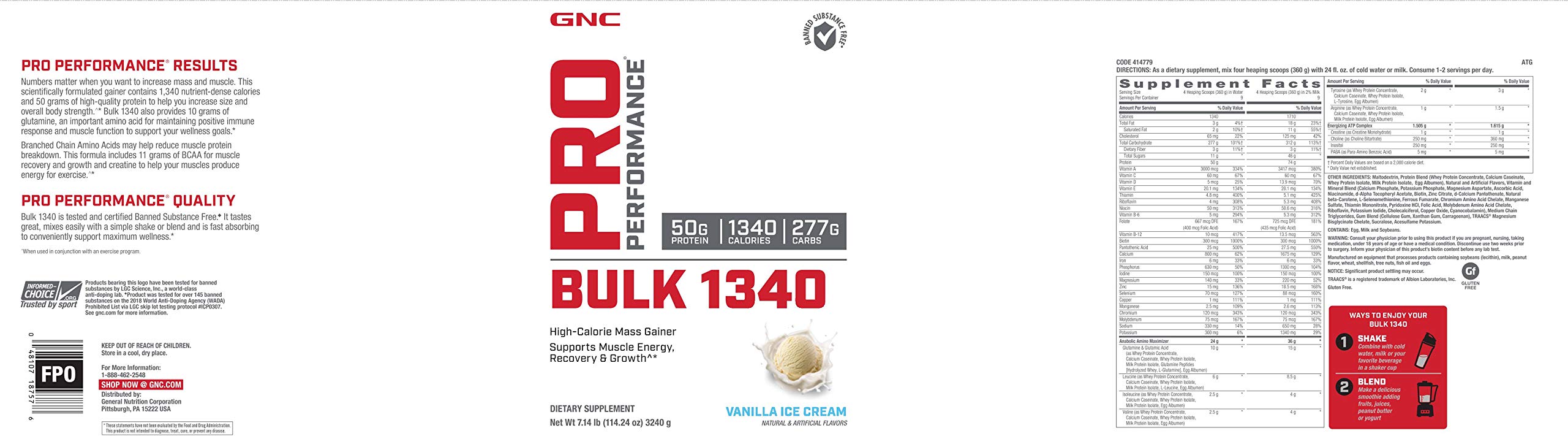 GNC Pro Performance Bulk 1340 Protein Powder - Vanilla Ice Cream Flavor, Twin Pack (2 x 5.15 lb), 9 Servings per Bottle, Supports Muscle Energy, Recovery & Growth - Ideal for Post-Workout, Weight Training & Bodybuilding