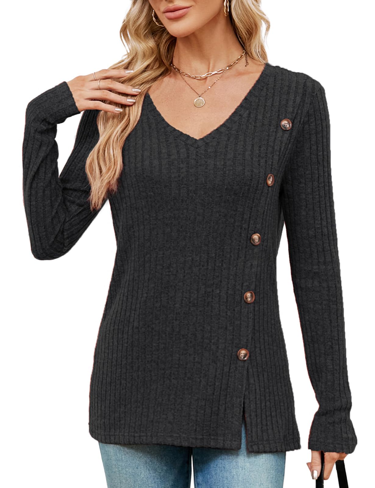 Women's V Neck Knit Jumper - Lightweight Long Sleeve Button Front Top for Casual Wear