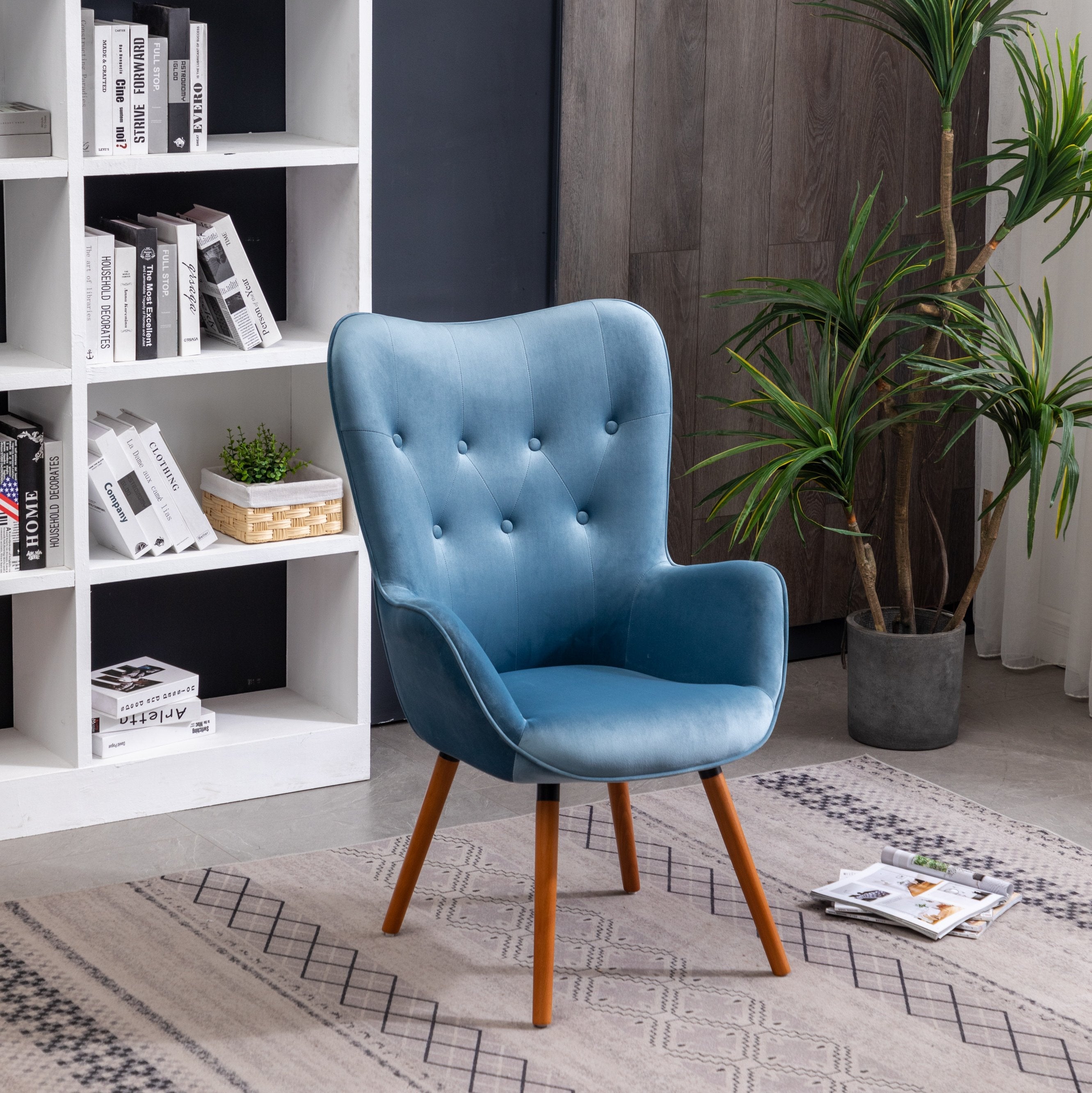 Roundhill Furniture Doarnin Contemporary Silky Velvet Tufted Button Back Accent Chair - Blue Velvet Upholstered Lounge Chair for Living Room, Bedroom & Office Decor - Perfect for Reading Nook, Home Theater Seating and Guest Room Furniture