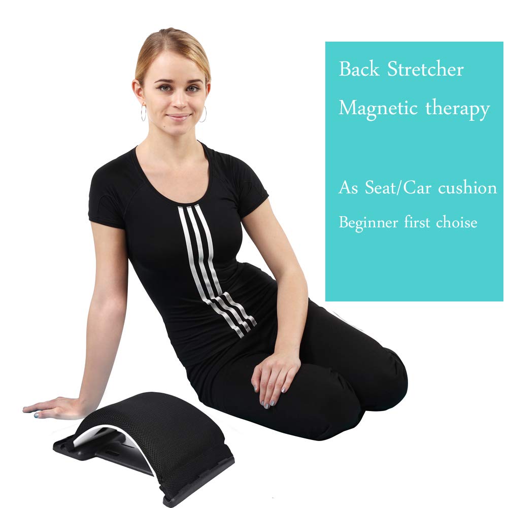 Premium Multi-Level Back Stretching Device with Memory Foam Cushion - Adjustable Lumbar Support Stretcher for Back Pain Relief, Magnetic Therapy Massager for Muscle Relaxation (White/Black) - Perfect for Office, Home & Post-Workout Recovery