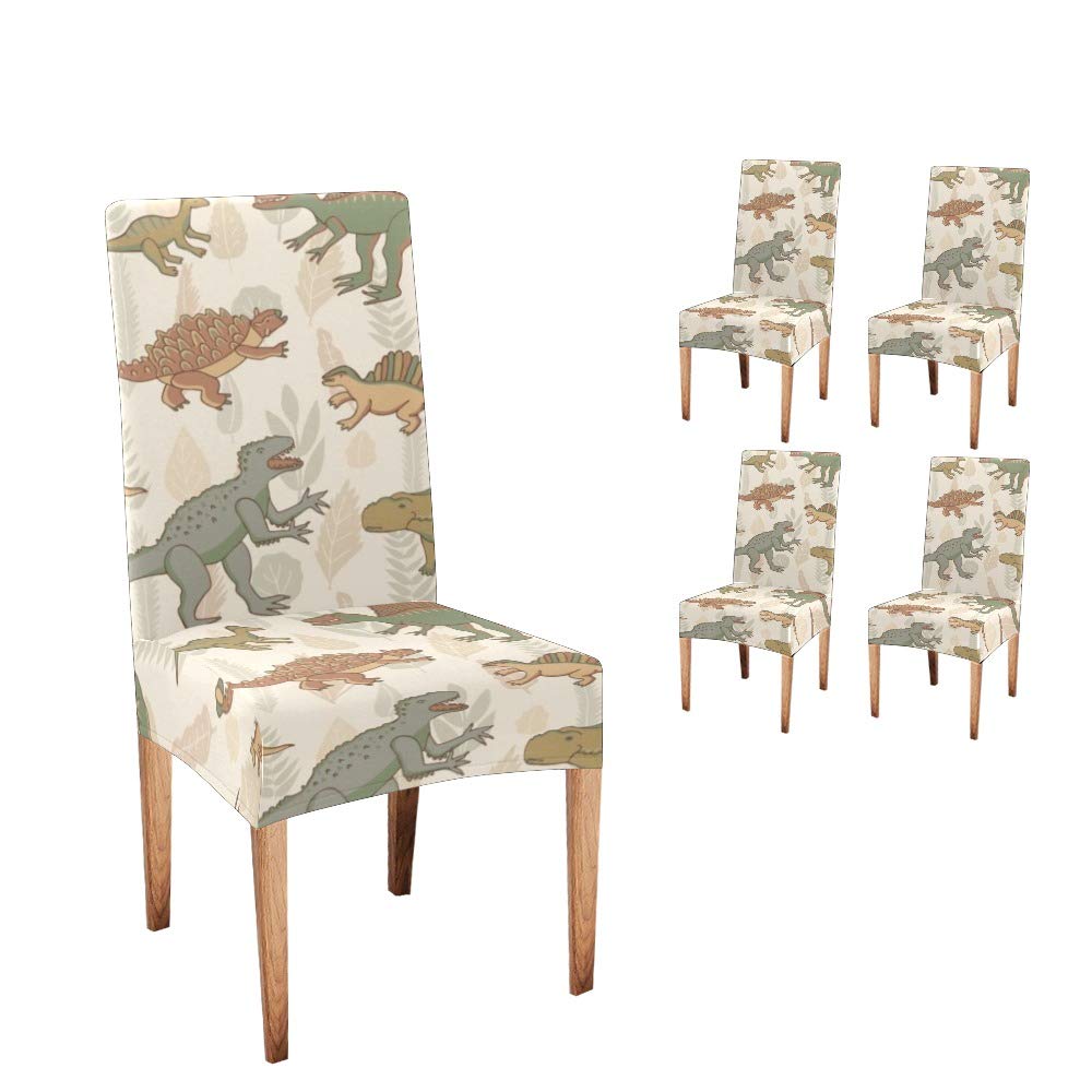 Dinosaur Print Dining Chair Covers - Set of 4 Retro Style Stretchable Slipcovers for Kitchen, Restaurant & Party Decor - Perfect for Home, Wedding & Birthday Celebration