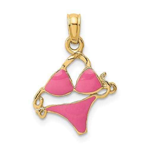 14K Yellow Gold Beach Charm Pendant with Pink Enamel Bikini Design - Perfect for Summer Jewelry, Beach Vacations & Swimwear Accessories