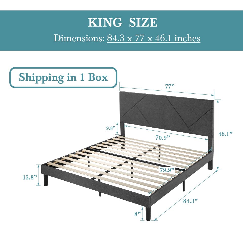 HOOMIC King Size Bed Frame with Geometric Fabric Headboard - Upholstered Platform Bed with 8