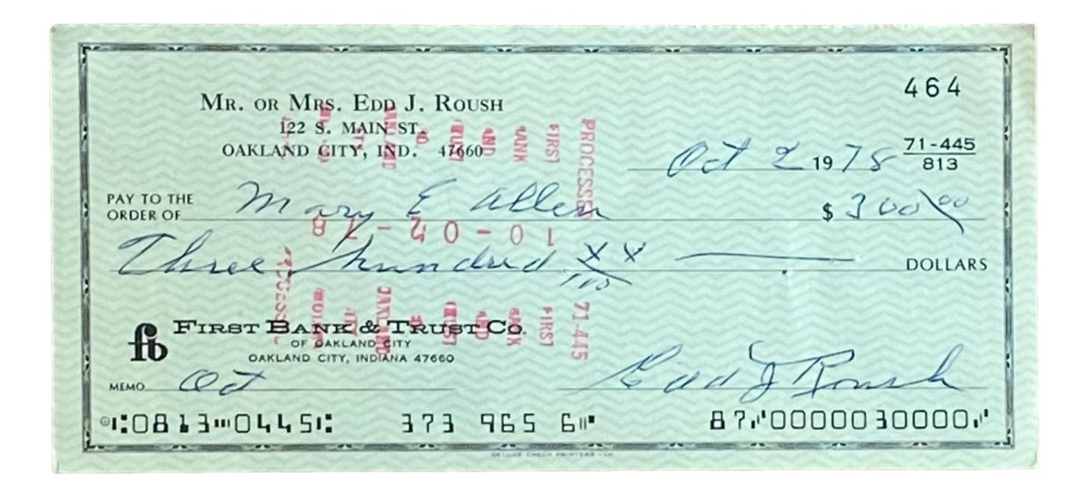 Edd Roush Cincinnati Reds Autographed Bank Check #464 - Authentic MLB Memorabilia for Baseball Fans & Collectors - Perfect for Display in Home, Office, or Sports Memorabilia Collection