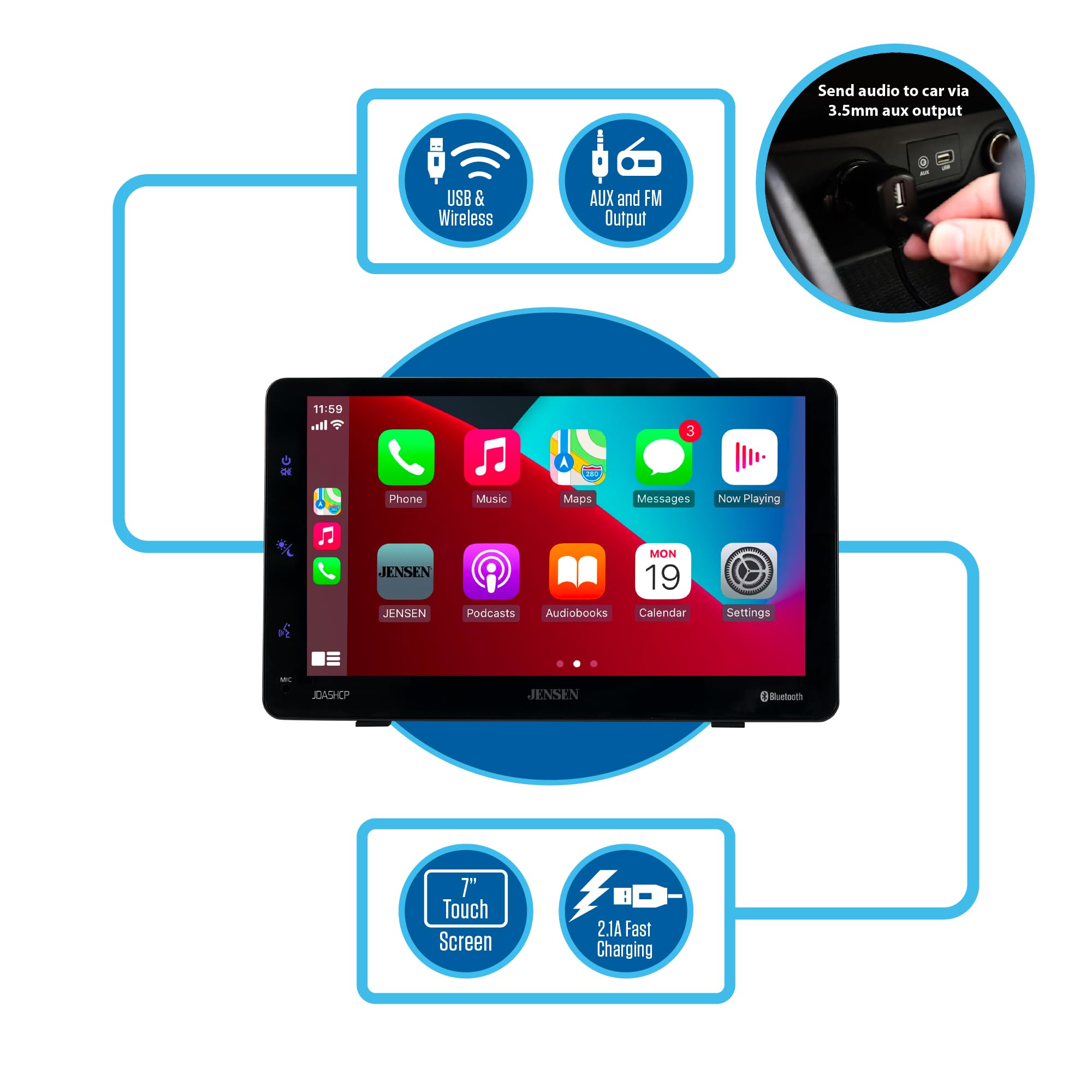 JENSEN JDASHCP 7-inch Portable Wireless Car Stereo with Apple CarPlay & Android Auto | Bluetooth Hands-Free Calling & Music Streaming | Universal Fit for Cars, Trucks, RVs & EVs | USB Input | Perfect for Road Trips, Commuting & In-Car Entertainment