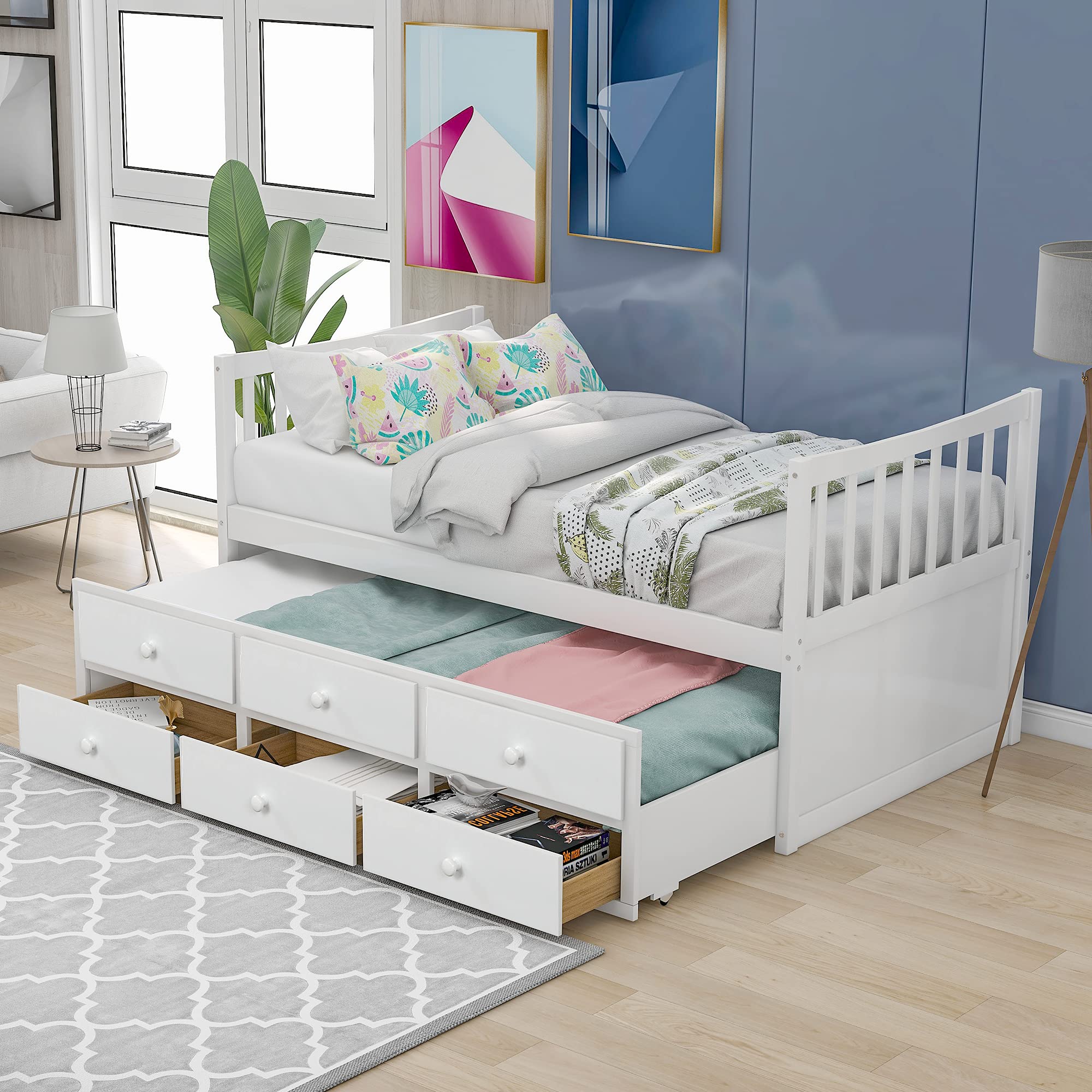 Danxee Twin Captain’s Daybed with Trundle and 3 Storage Drawers - No Box Spring Needed - White Kids Bed for Guest Room, Sleepovers & Small Spaces