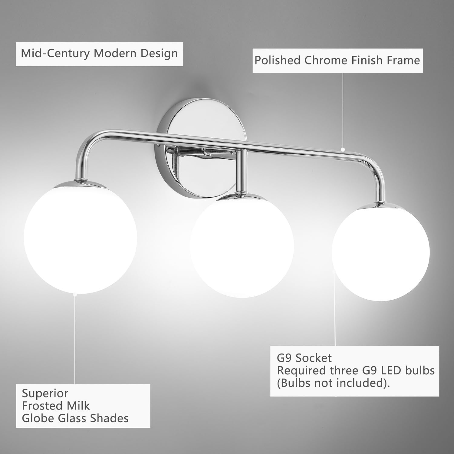 Mid-Century Modern Chrome Bathroom Vanity Lights - 3-Light Mirror Lighting for Elegant Bathrooms