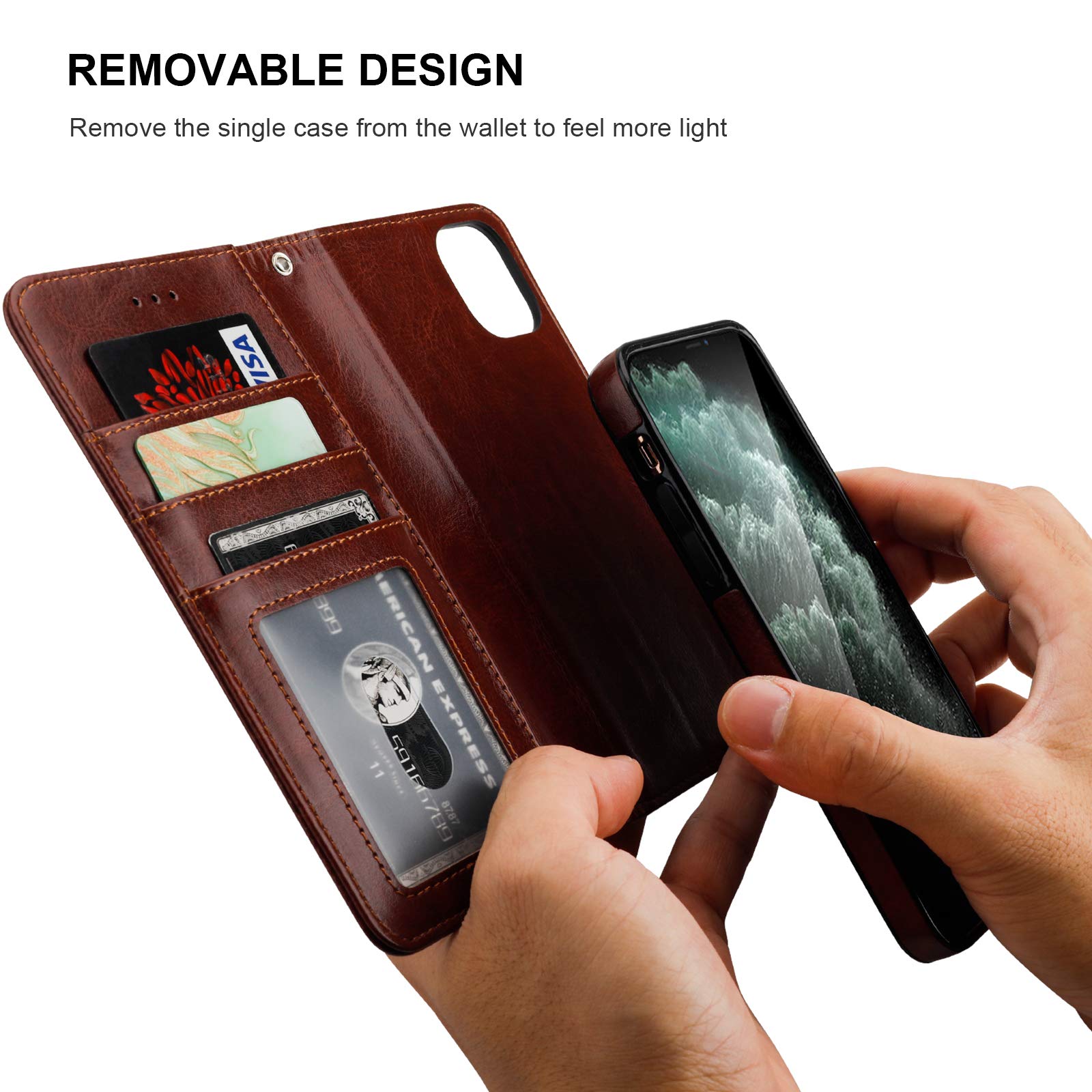 Magnetic Detachable PU Leather Wallet Case for iPhone 11 Pro Max (6.5 inch) - Shockproof Flip Cover with Card Holder, Kickstand & Wrist Strap - Brown | Perfect for Work, Travel & Everyday Protection