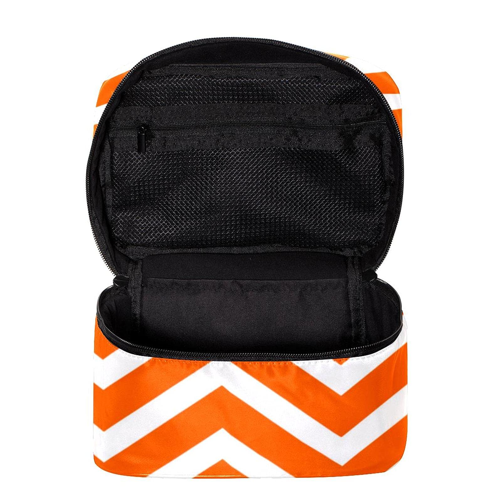 Orange Chevron Striped Large Travel Makeup Bag - Waterproof Cosmetic Organizer with Zipper for Women & Girls | Perfect for Vacation, Gym, Beach Trips & Daily Use