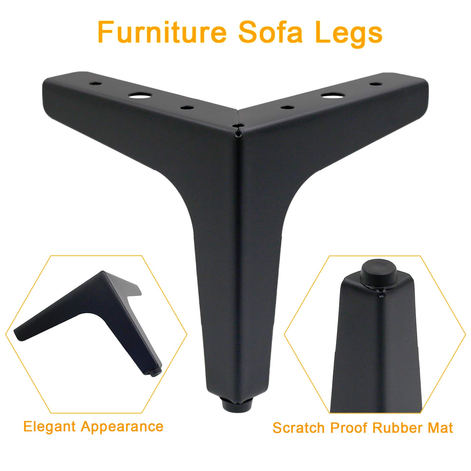 4 Pack 5 Inch Modern Triangle Metal Furniture Legs - Matte Black Sofa Legs for Cabinet, Table, Cupboard & Couch - Perfect for Home Office & Living Room Furniture Upgrade