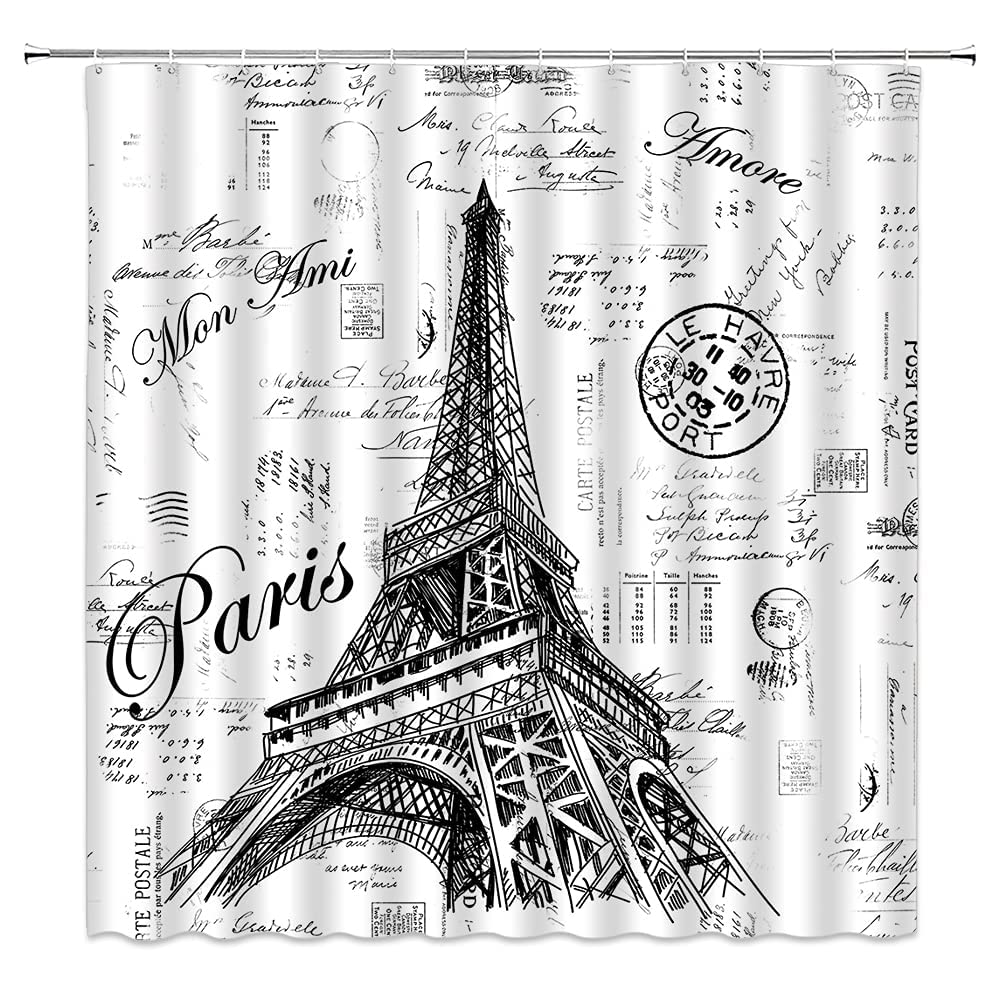 Vintage Eiffel Tower Shower Curtain - Hand-Painted Parisian Art, French Landmark Bathroom Decor with Hooks | Perfect for Paris-Themed Bathrooms & European Travel Lovers