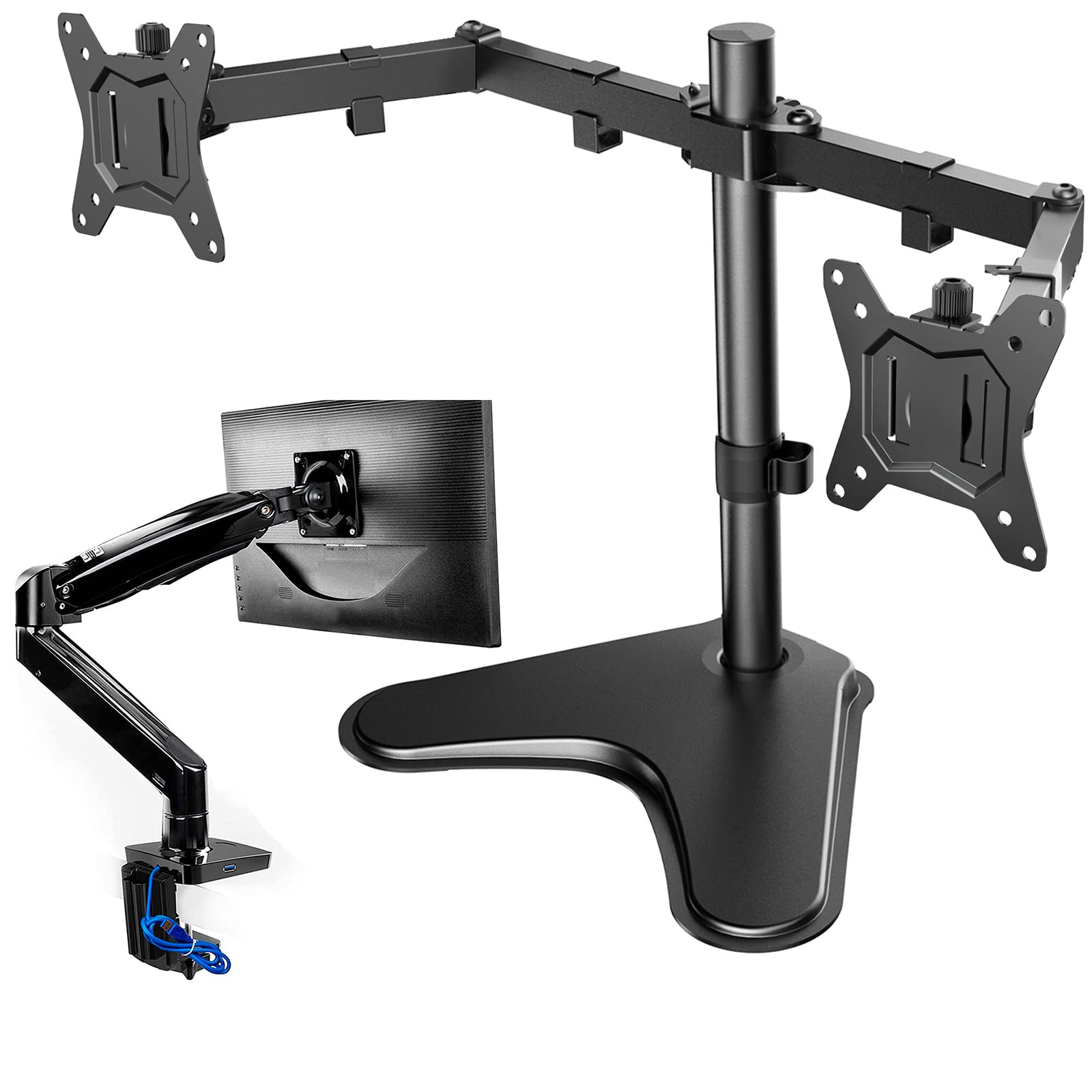 HUANUO Dual Monitor Stand for 13-32 Inch Screens with Heavy-Duty Base & Single Monitor Arm for 22-35 Inch Ultrawide - Perfect for Home Office, Gaming Setup, and Workspace Organization