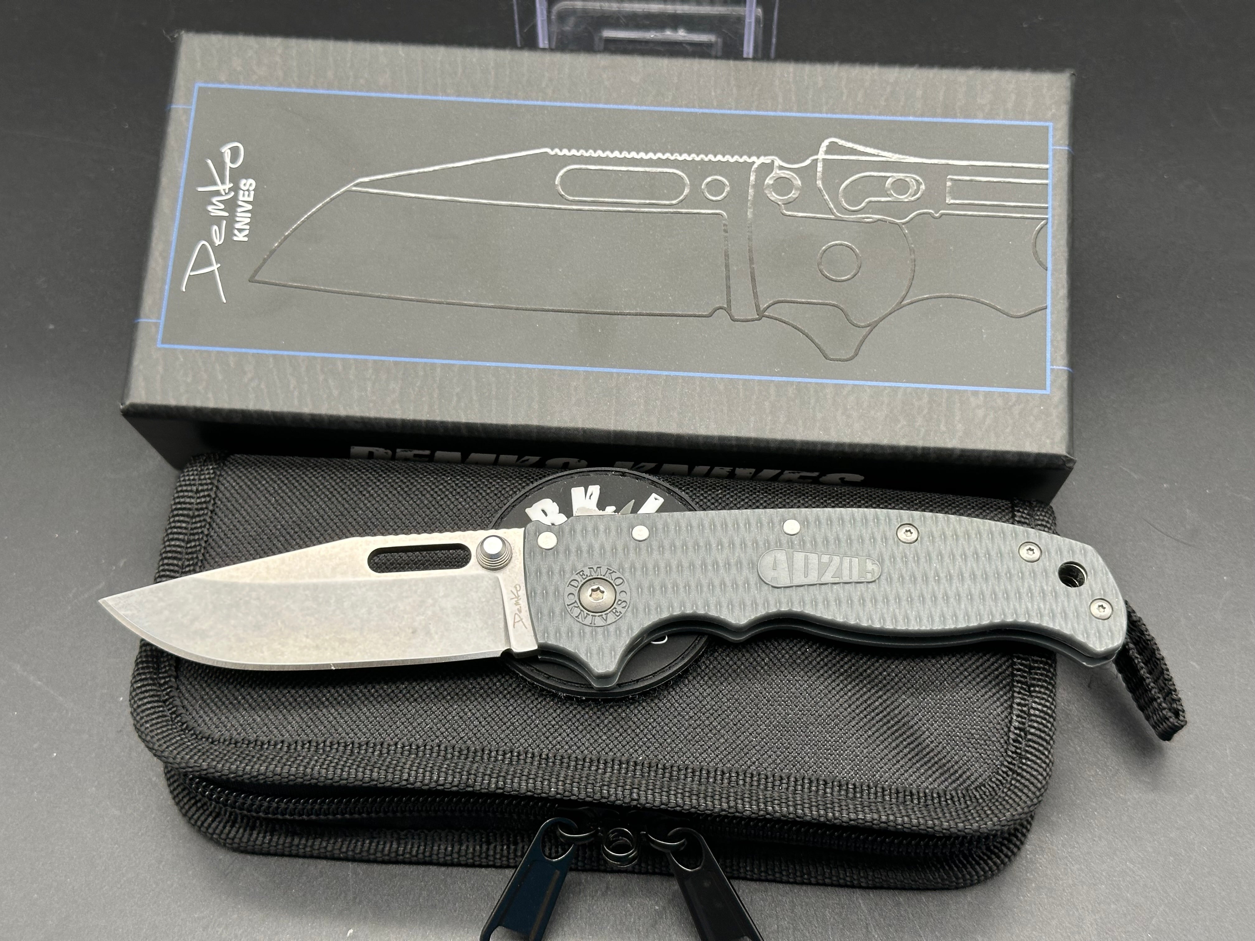 Demko AD20.5 Clip Point Folding Knife with Shark Lock - Gray Grivory Handle & Stonewashed 3.2