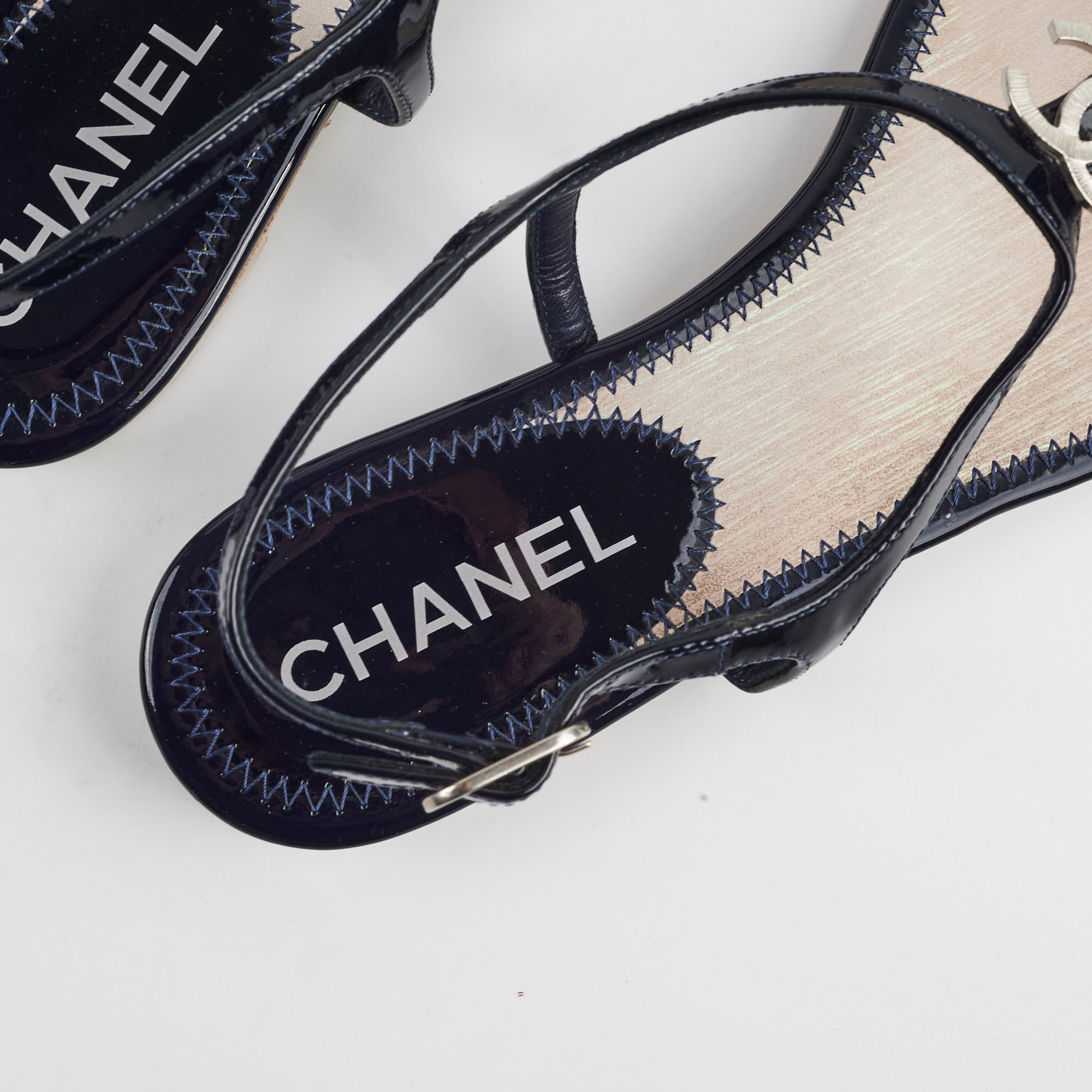 Chanel Navy Blue Patent Leather Sandals for Women - Luxury Designer Summer Shoes for Beach, Party & Casual Wear