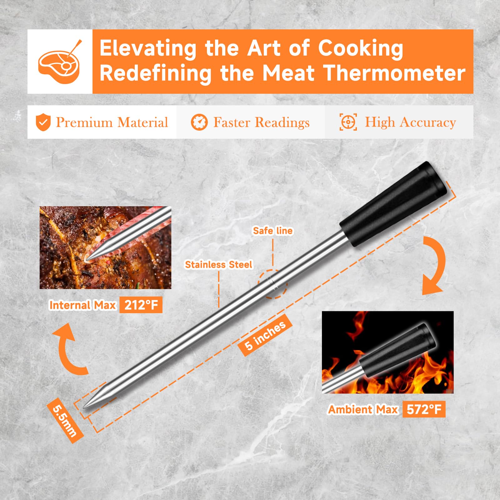 215 FT Wireless Meat Thermometer with Bluetooth - Smart Cooking Thermometer for Grill, Oven, Smoker & BBQ - Remote Monitoring for Perfect Steak, Turkey & Roasts - Ideal for Backyard Grilling, Holiday Cooking & Outdoor Camping