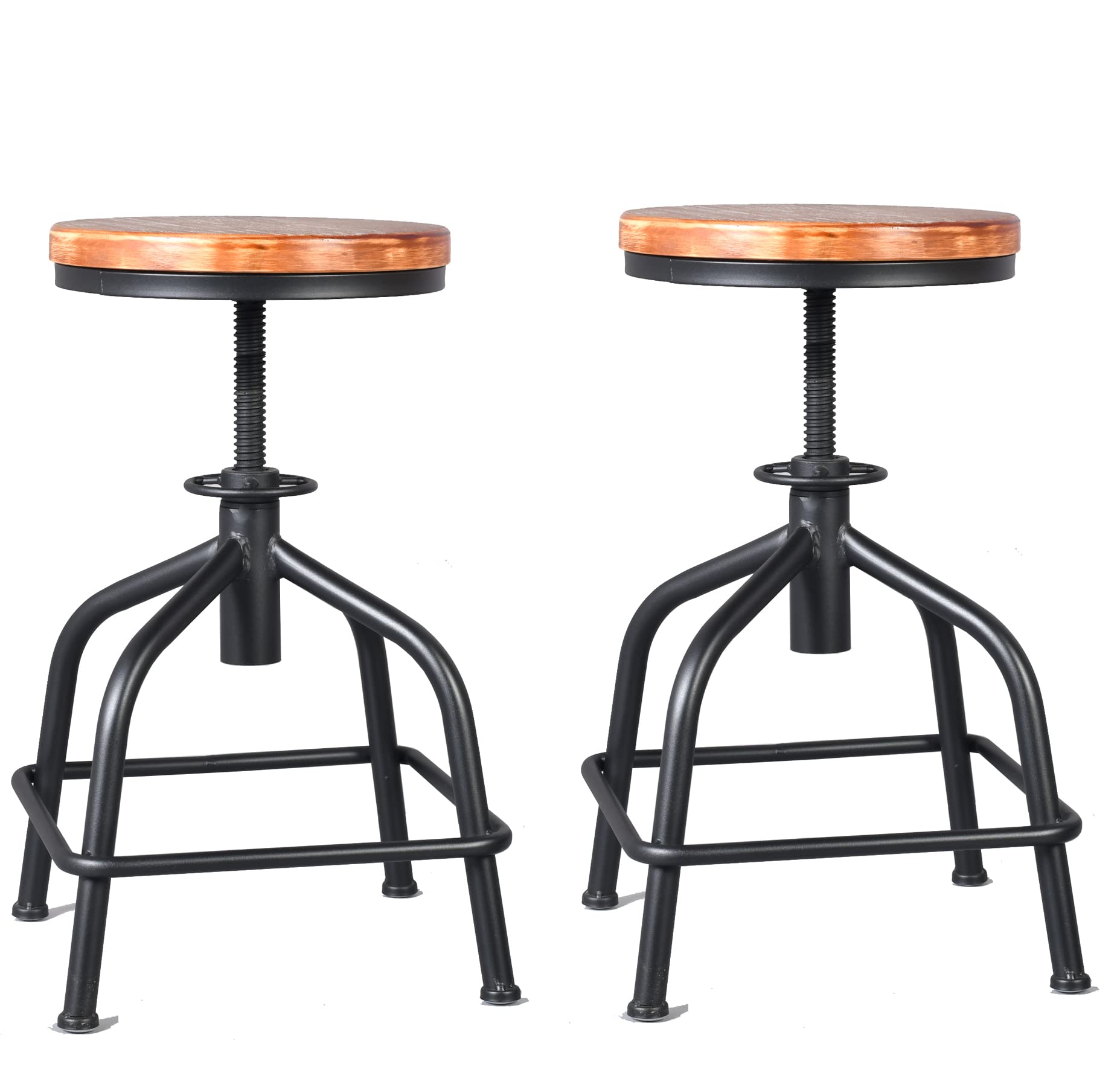 Topower Farmhouse Kitchen Stool Set of 2 - Adjustable Height Industrial Counter Stool with Swivel Base, Black Wooden Seat for Bar, Kitchen Island & Dining Room Decor