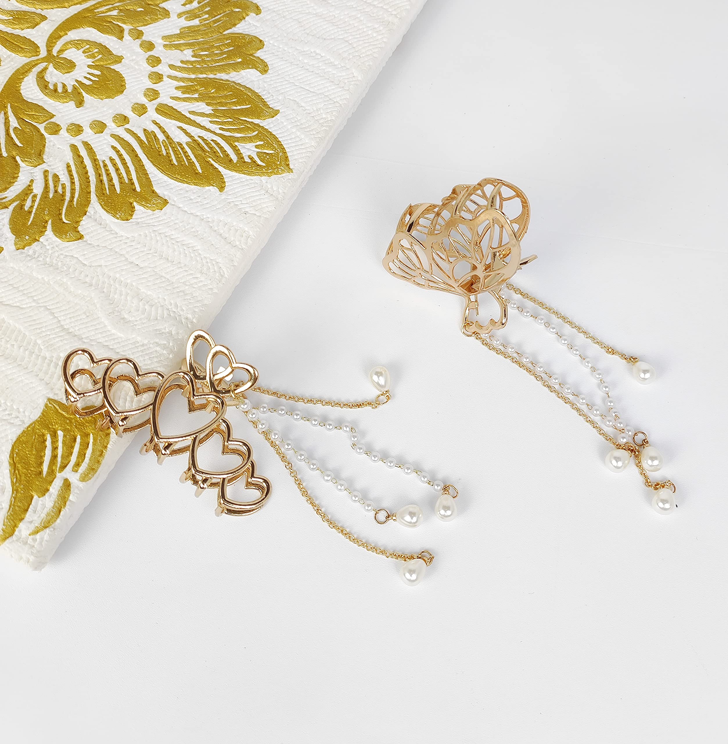 Korean Style Pearl Metal Hair Claw Clip - Golden Heart Hair Clutch with Tassel (2 Pack) | Elegant Hair Accessories for Women & Girls | Perfect for Parties, Weddings & Daily Styling