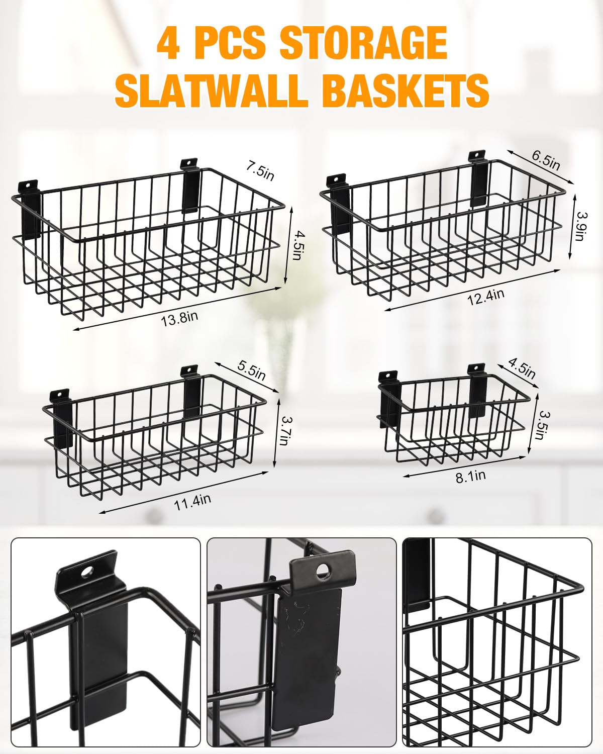 94 Pcs Slat Wall Organizer Set - 4 Black Metal Ventilated Slatwall Baskets & 90 Slatwall Hooks in 3 Sizes (4