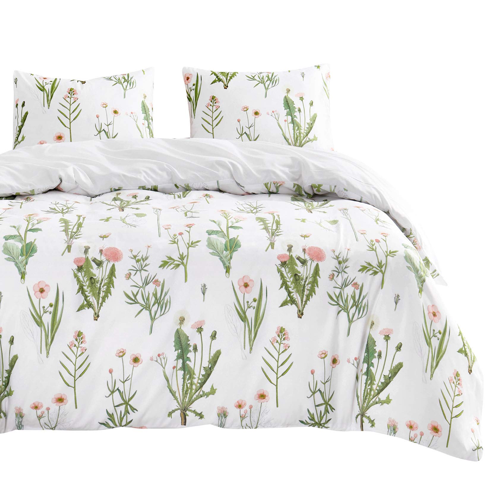 Wake In Cloud - Botanical Comforter Set, Cottagecore Pink Dandelion Flowers & Green Leaves Floral Garden Pattern Printed on White, Soft Microfiber Bedding (3pcs, Twin Size) - Perfect for Boho Bedroom Decor, Guest Room & Dormitory Essentials