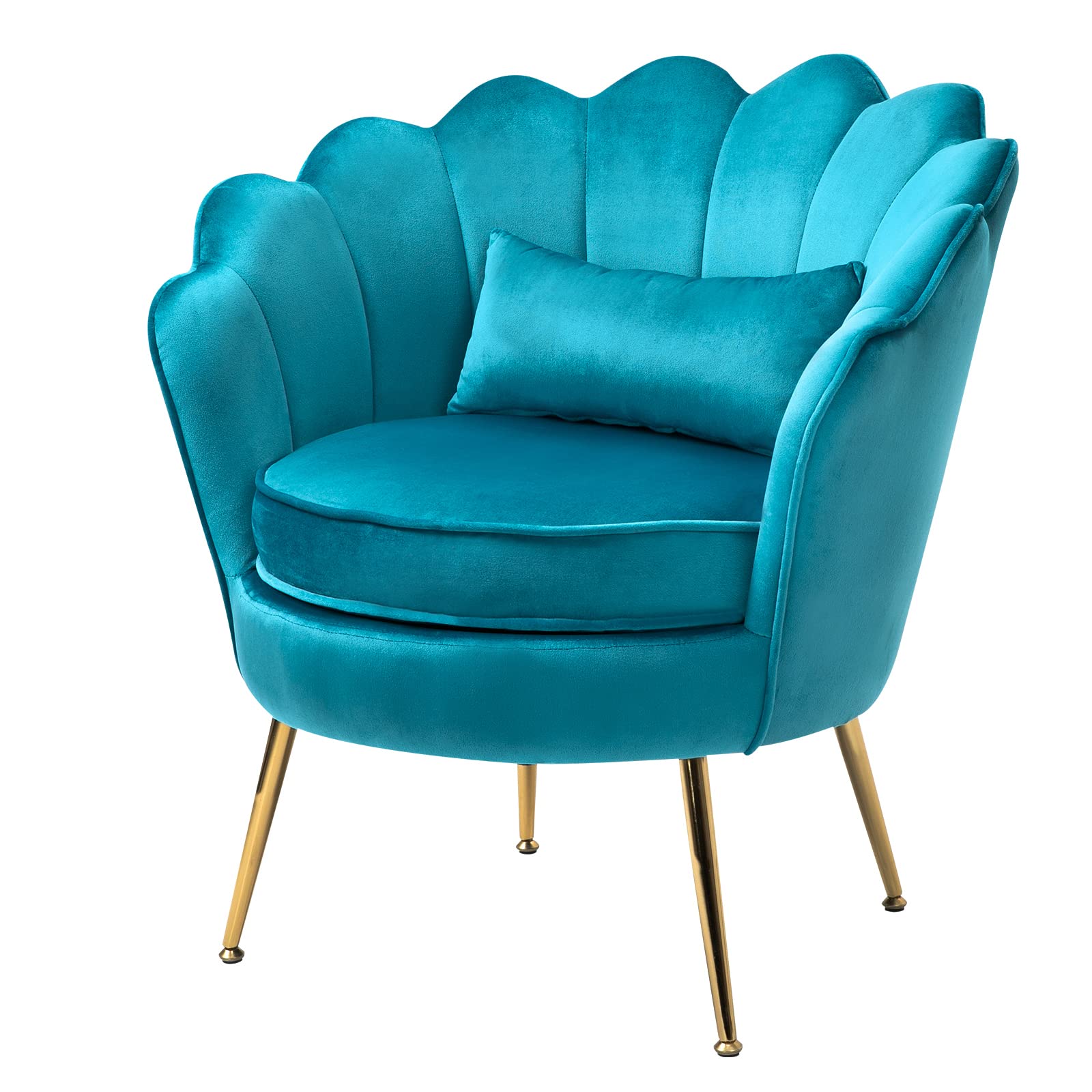 Azure Blue Velvet Accent Chair with Lumbar Pillow - Mid Century Modern Upholstered Armchair with Golden Metal Legs for Bedroom, Living Room & Vanity - Perfect for Guest Seating, Reading Nook & Home Decor