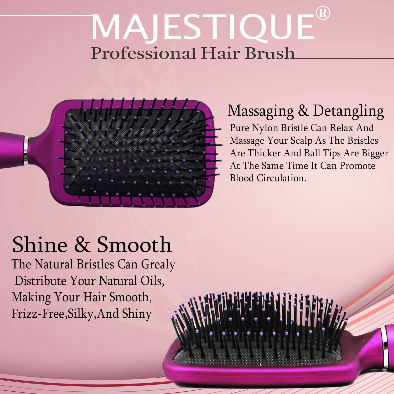 Majestique Premium Purple Paddle Hair Brush - Flat Straightening & Detangling Brush for All Hair Types - Women, Men & Kids - Soft Nylon Bristles Remove Dirt & Excess Oils (Purple) | Perfect for Daily Styling, Salon Results at Home & Travel-Friendly Hair Care
