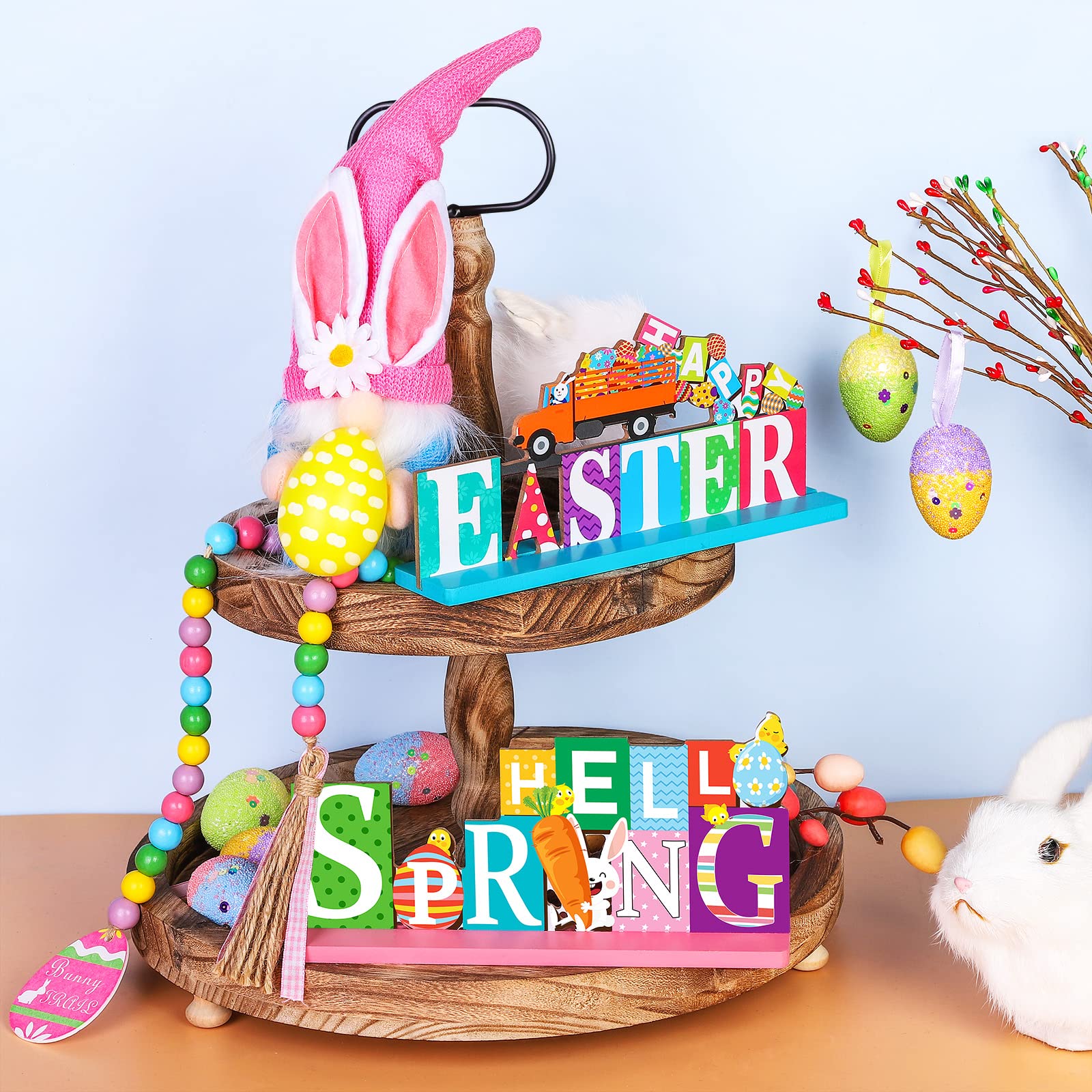 Fovths 10-Piece Easter Tiered Tray Decor Set - Spring Gnome Plush Dolls, Wooden Signs & Bead Garland with 6 Easter Egg Ornaments - Perfect for Easter Party, Home & Office Spring Decorations