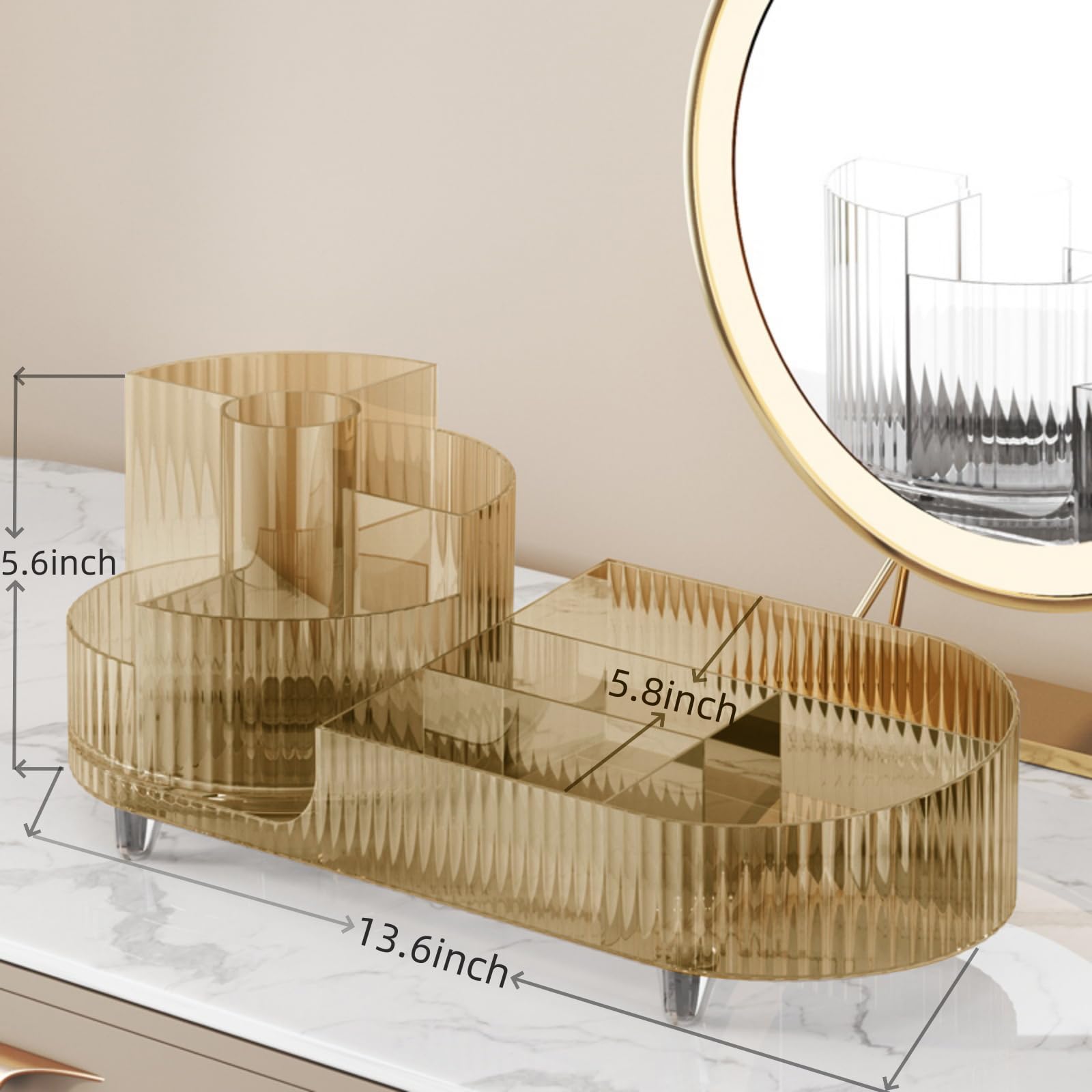 360° Rotating Makeup Organizer - Large Capacity Cosmetic Display Case with Crystal Amber Design | Holds 20+ Makeup Brushes, 10 Lipsticks & 8 Skincare Products | Perfect for Vanity, Bathroom & Travel Organization